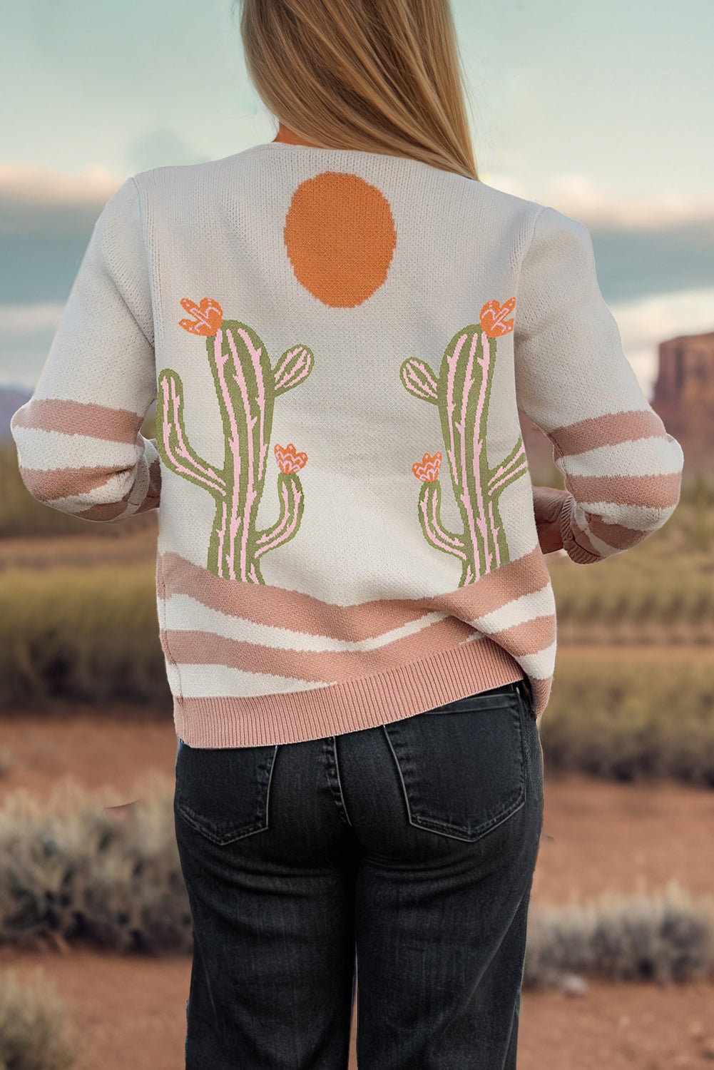 “Cactus Bloom” Desert Knit Cardigan – Apricot Sunset Edition