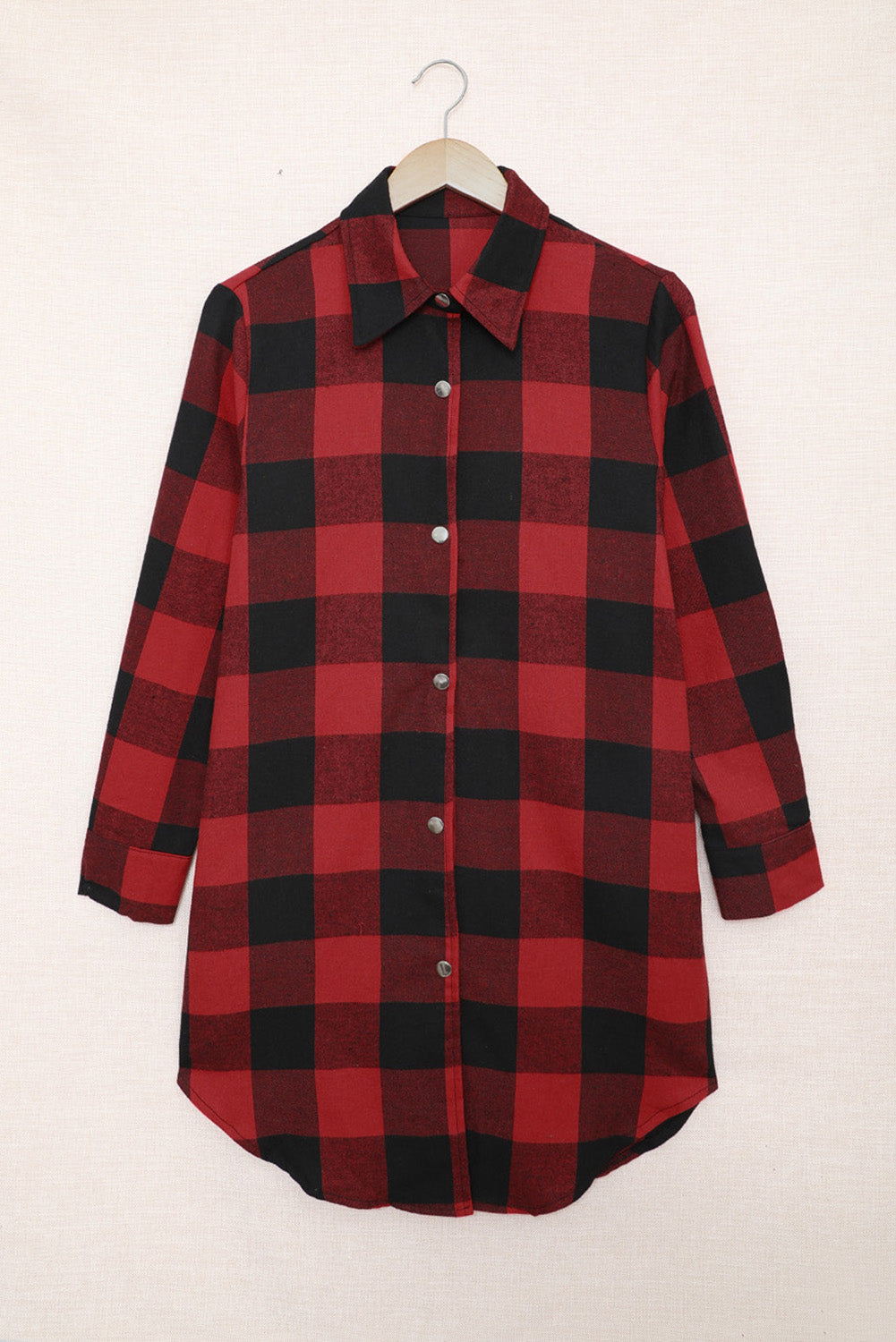 Fiery Red and Black Turn-down Collar Plaid Shirt Coat