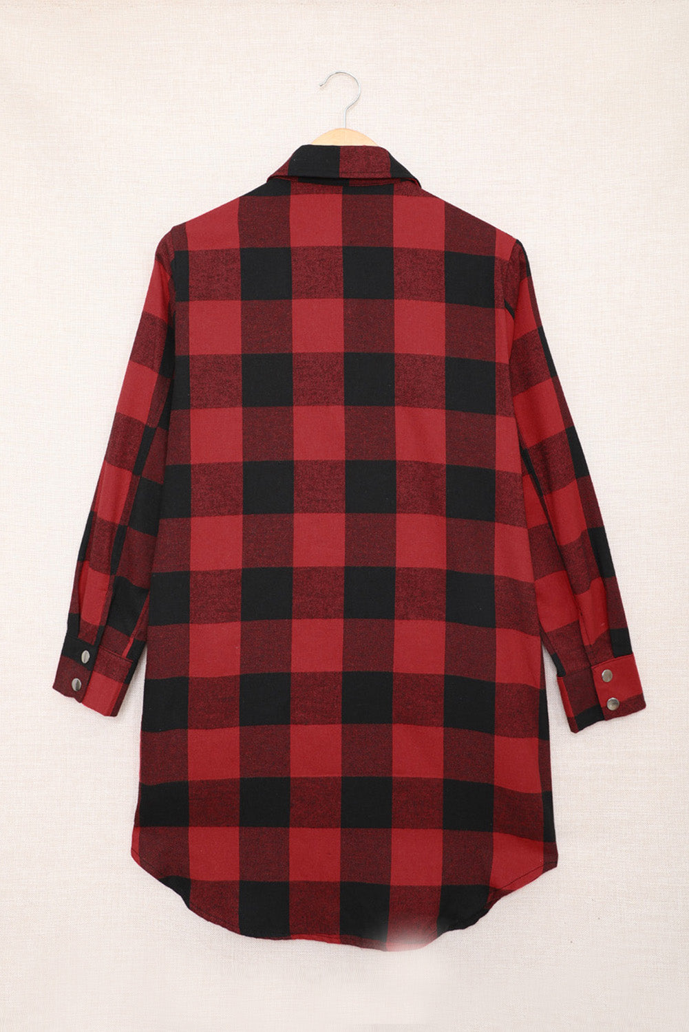 Fiery Red and Black Turn-down Collar Plaid Shirt Coat