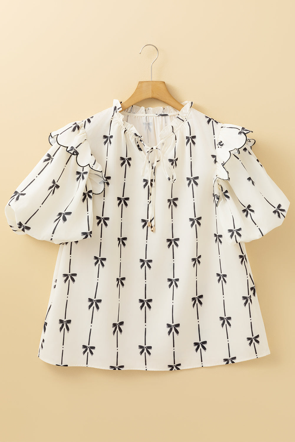 Apricot Bow Printed Ruffled Plus Size Blouse