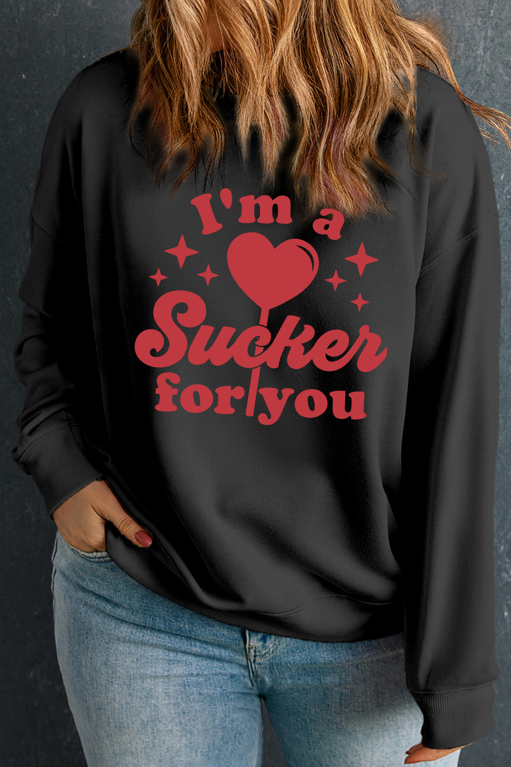 "I'm a Sucker for You" Valentines Slogan Graphic Plus Size Black Sweatshirt