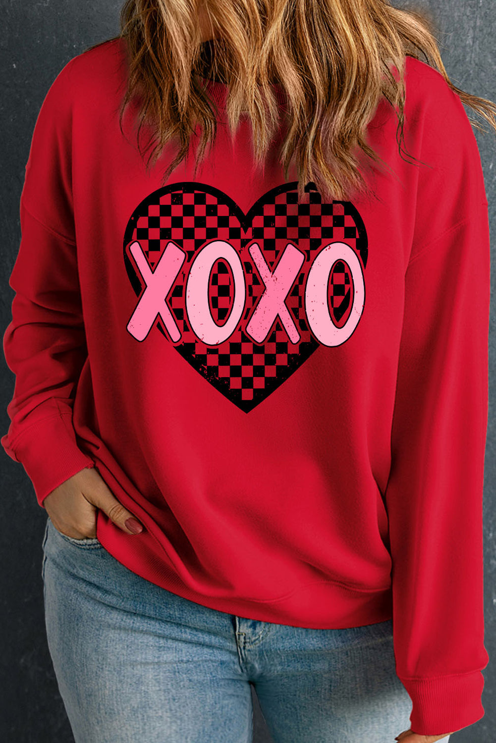 Racing Red "XOXO: Checkered Heart Graphic Plus Size Valentines Sweatshirt