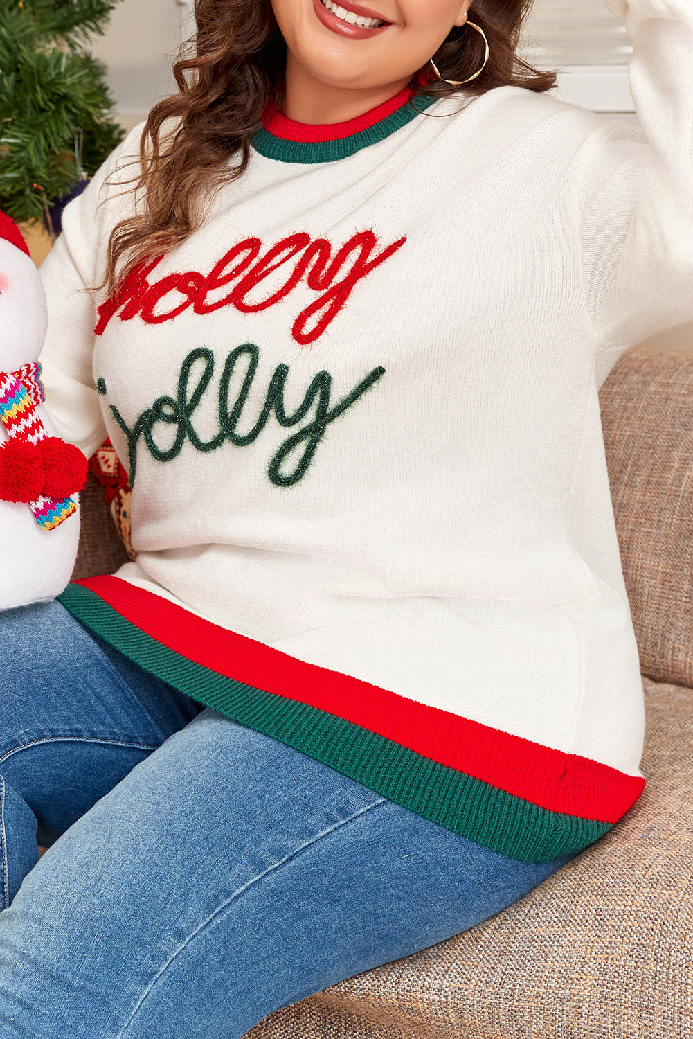 White Drop Shoulder Plus Size Sweater with Tinsel Holly Jolly Pattern