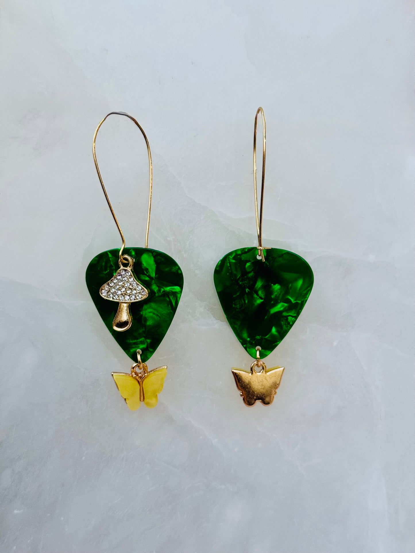 Far Out Guitar Pick with Mushy and Butterfly Dangle Earrings