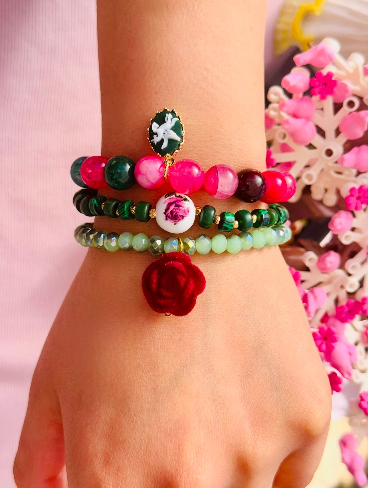 Romantic and Beautiful Dyed Agate with Reconstituted Malachite Bracelets