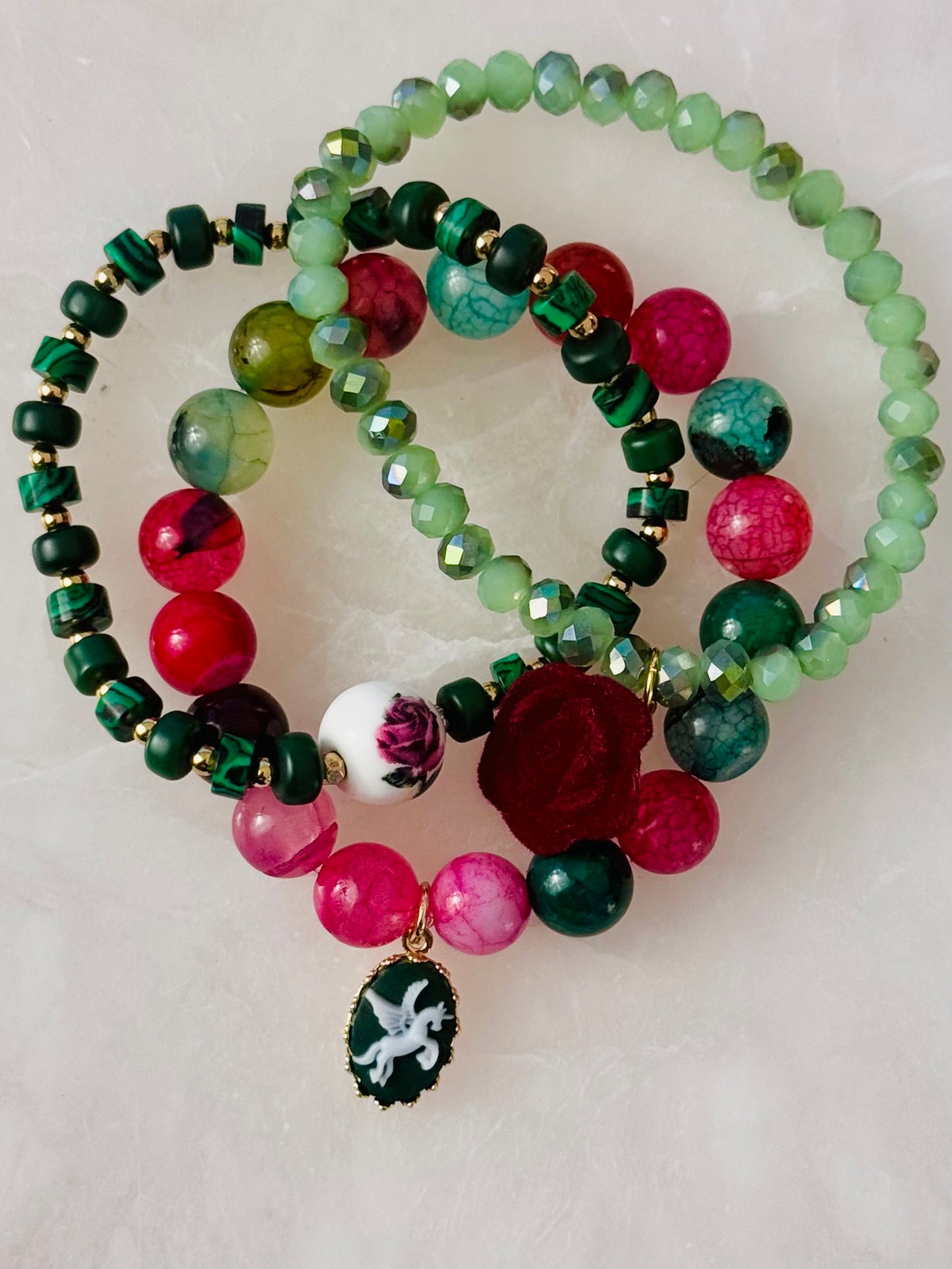 Romantic and Beautiful Dyed Agate with Reconstituted Malachite Bracelets