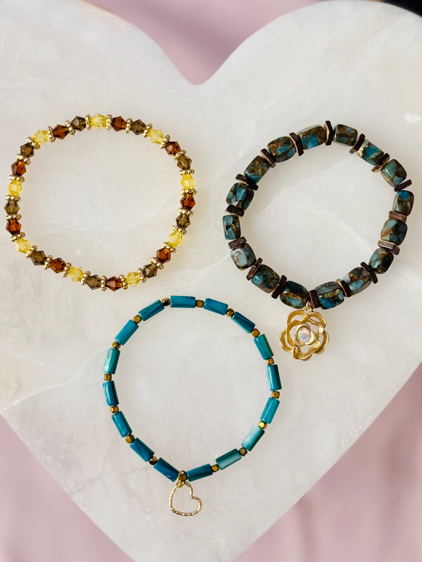 Beautiful Impression Jasper Stone beads with Shell beads and Charming Gold Rose Charm