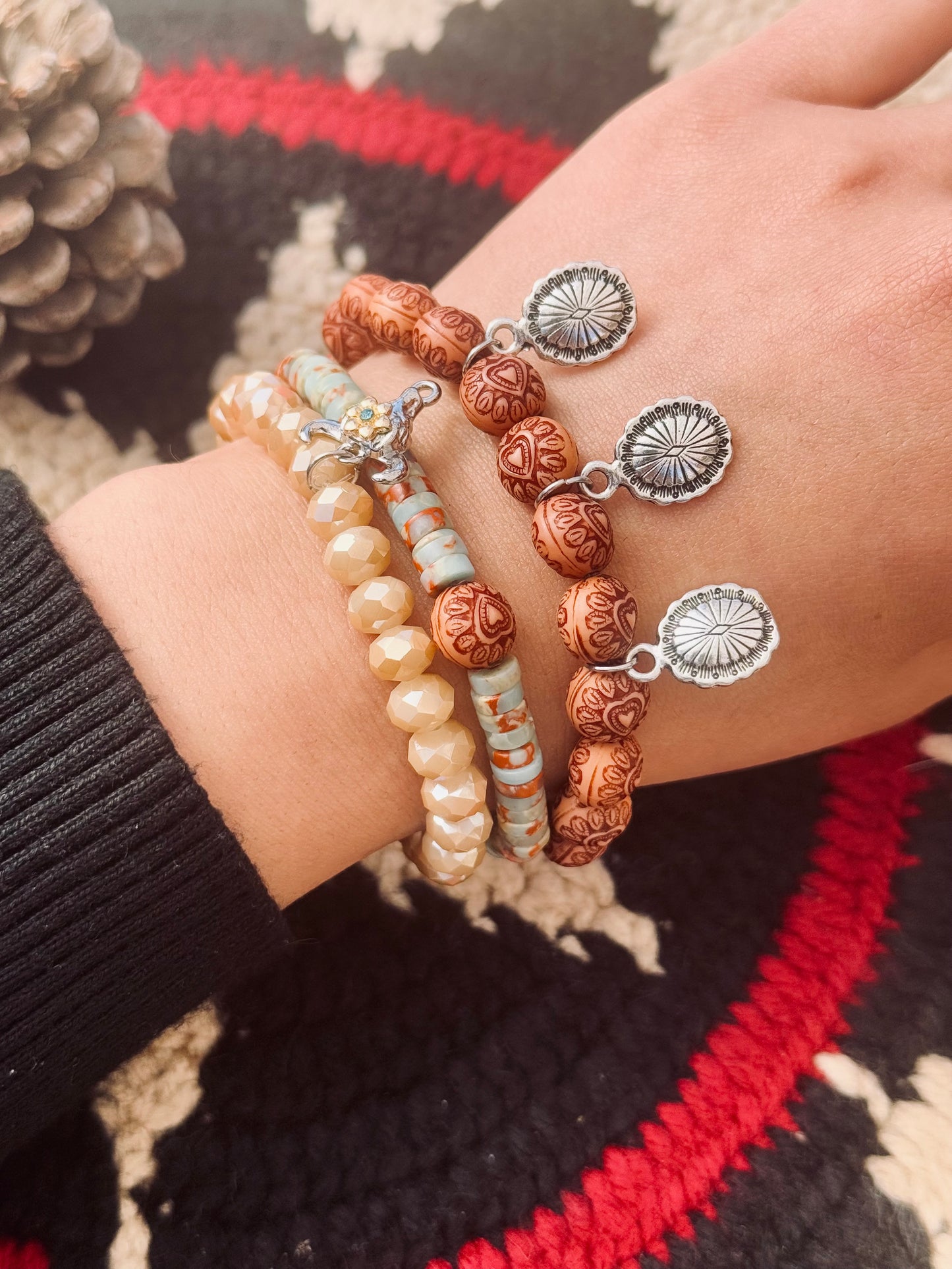 Beautiful Serpentine stones with Wood beads, cute mini Concho Charms and Cow charm