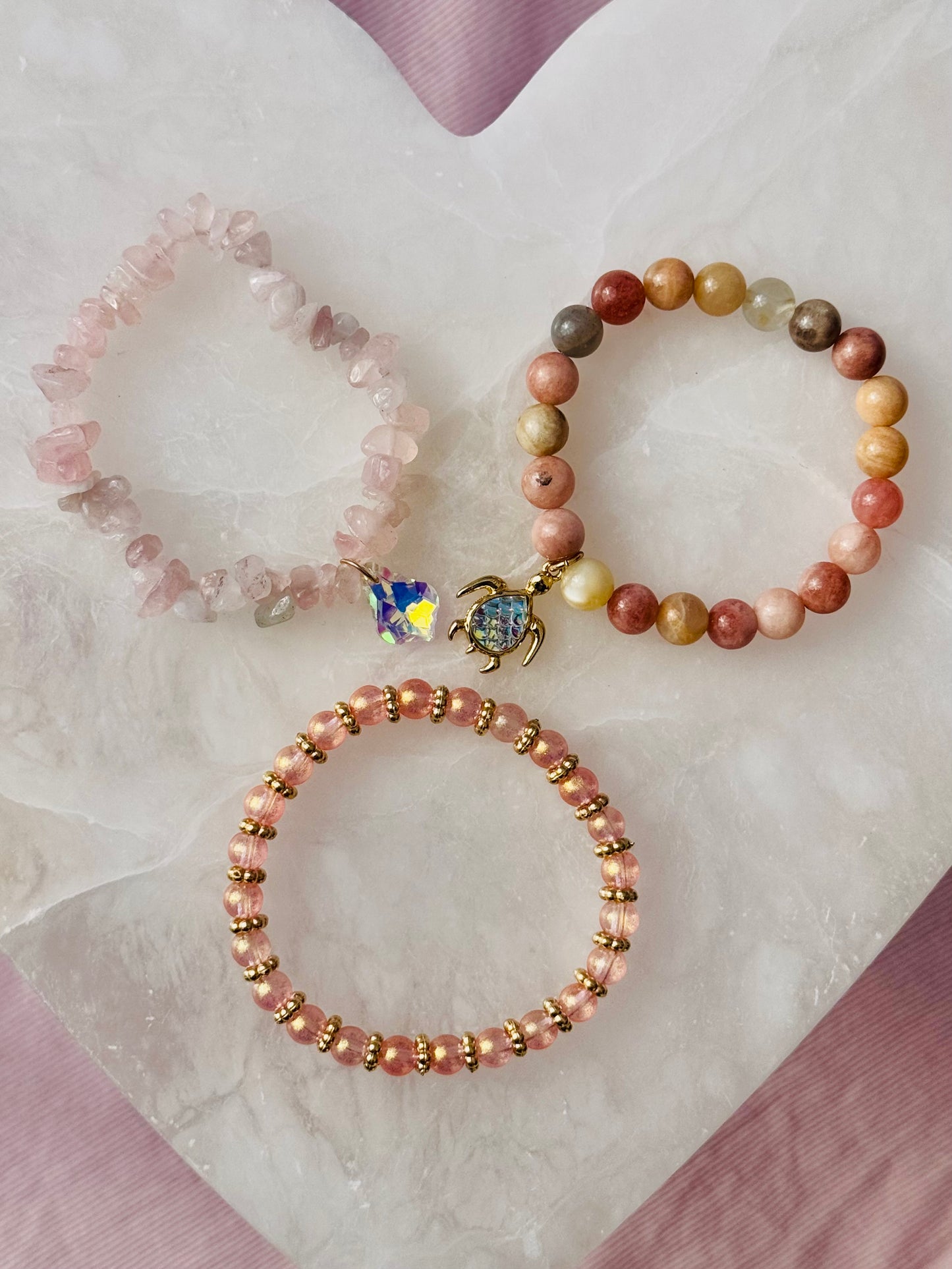 Sweet Peach and Pink Sunstone with Rose Quartz chips and Cute Turtle Charm