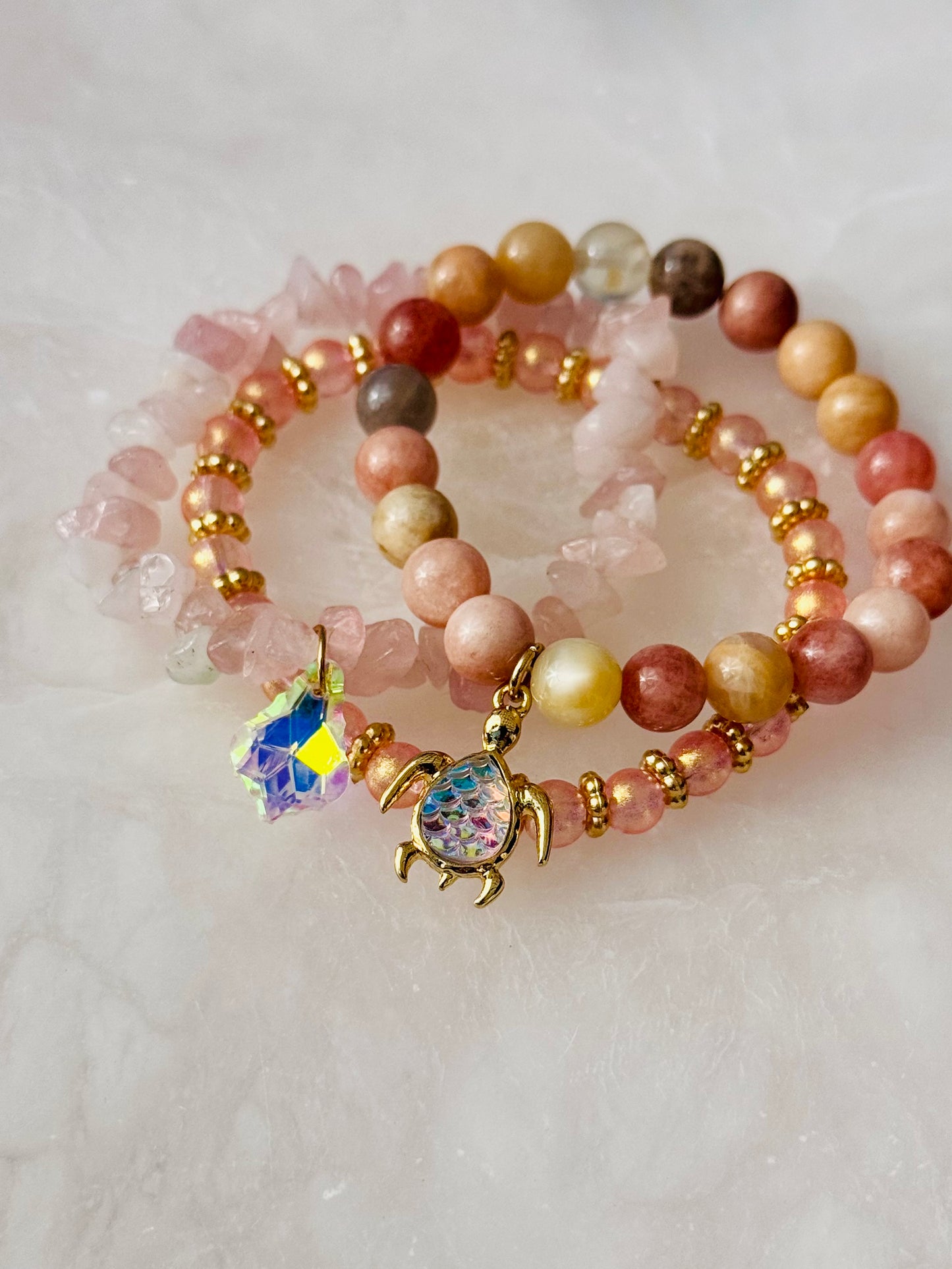 Sweet Peach and Pink Sunstone with Rose Quartz chips and Cute Turtle Charm