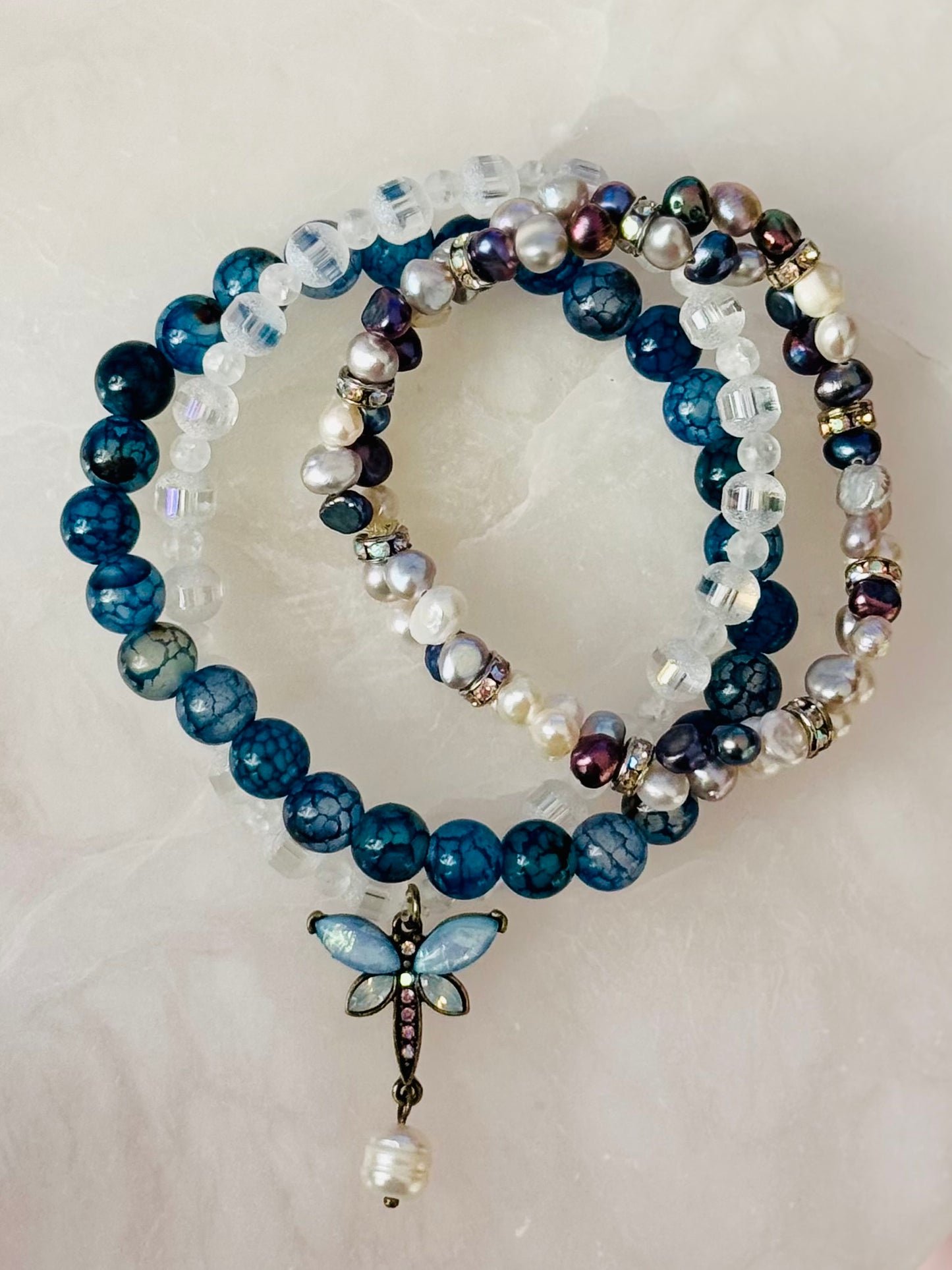 7.5" Beautiful Blue Agate and Quartz Stretchable Bracelets with Pearls and Dragonfly Charm