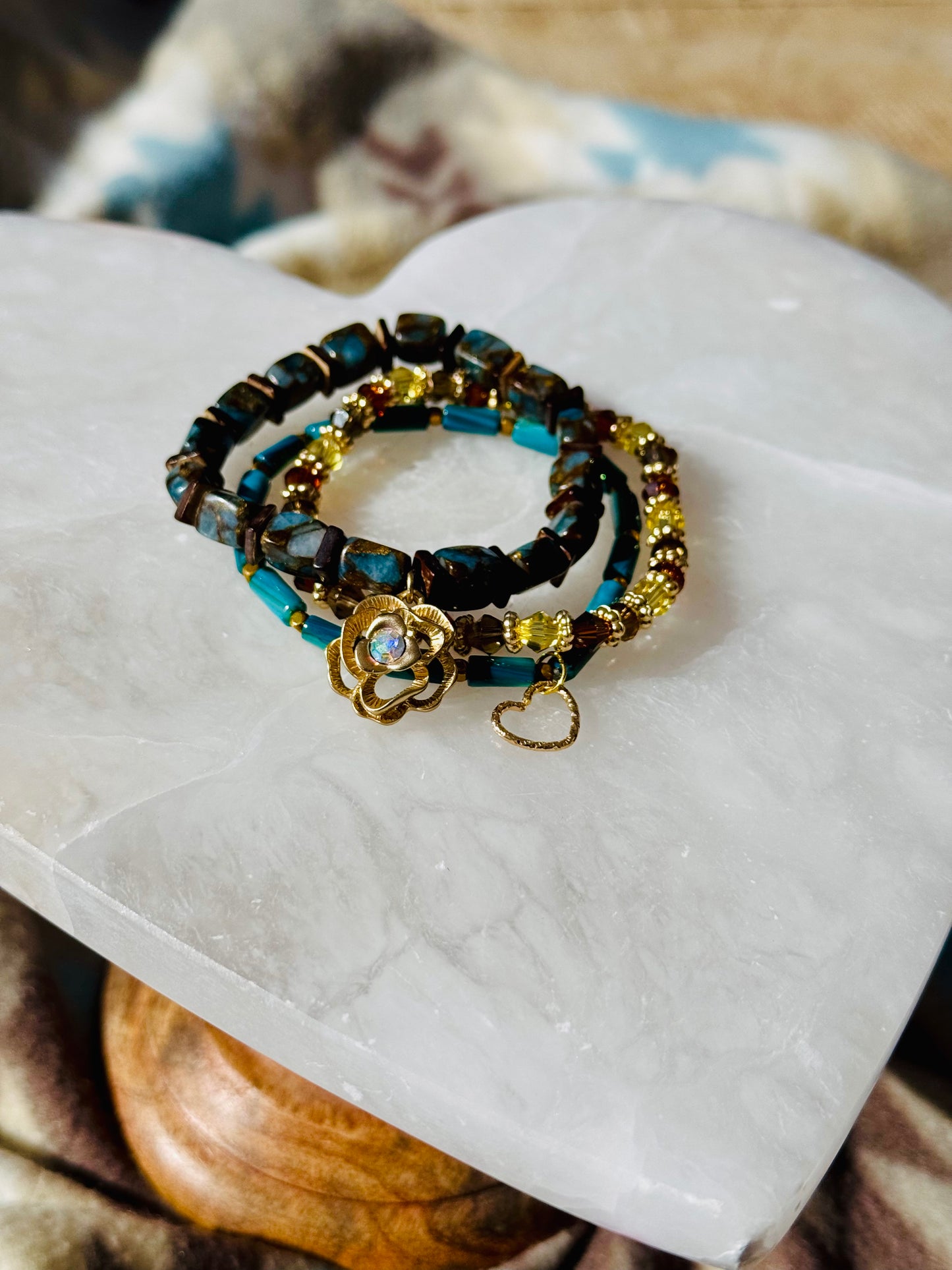 Beautiful Impression Jasper Stone beads with Shell beads and Charming Gold Rose Charm
