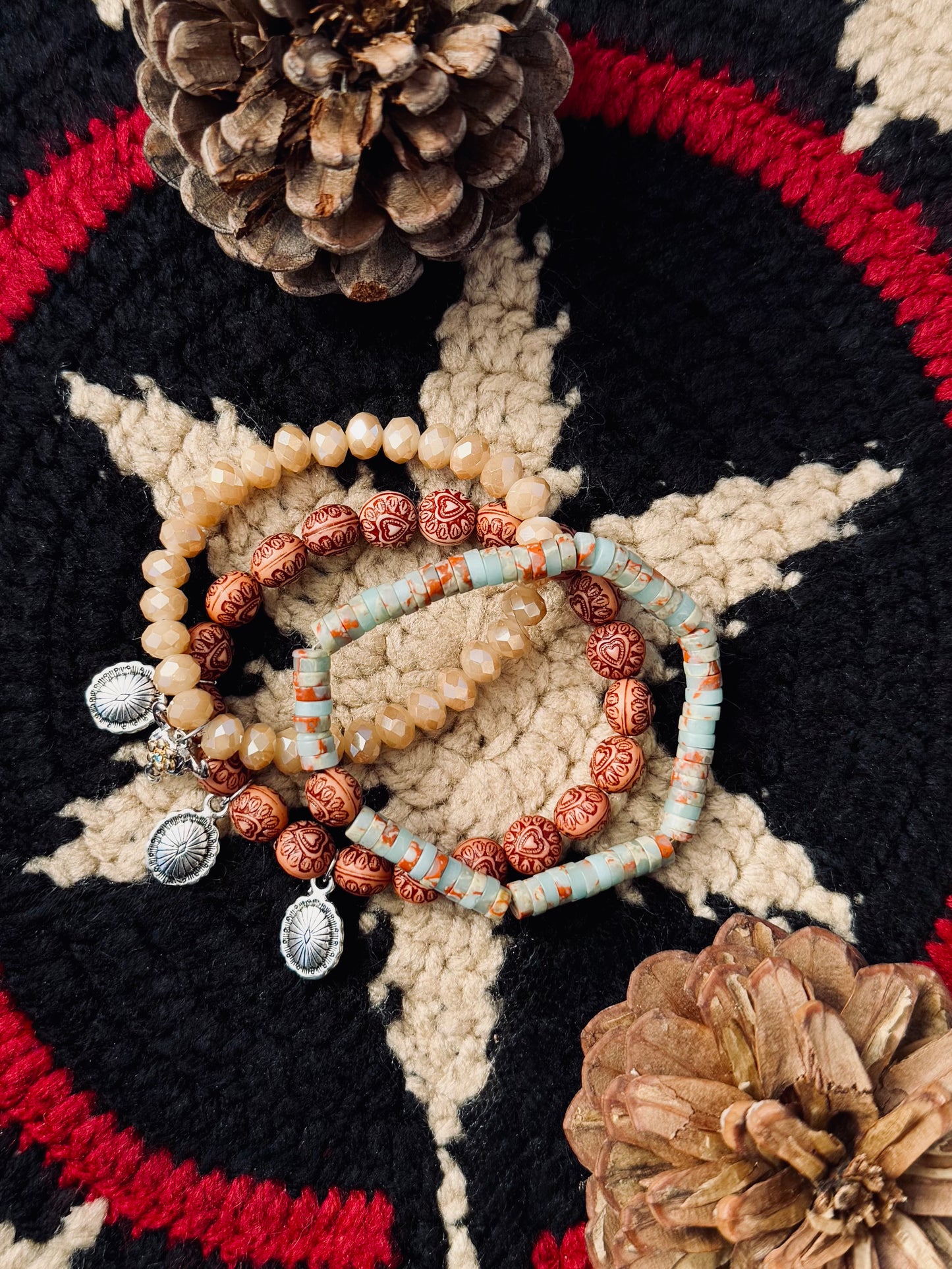 Beautiful Serpentine stones with Wood beads, cute mini Concho Charms and Cow charm