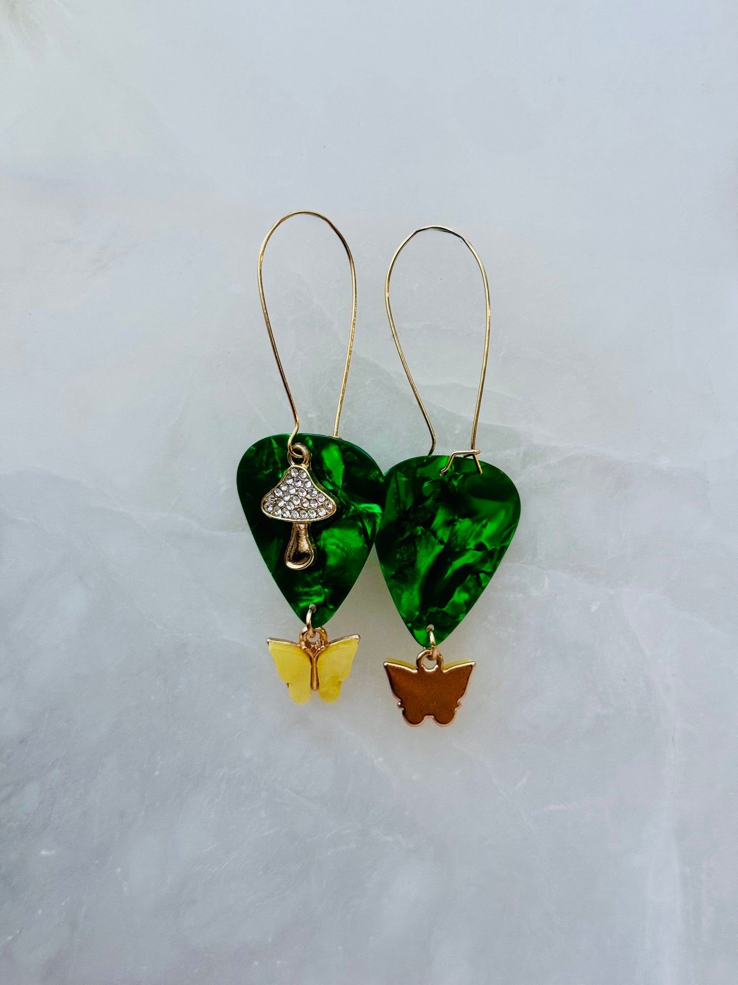Far Out Guitar Pick with Mushy and Butterfly Dangle Earrings