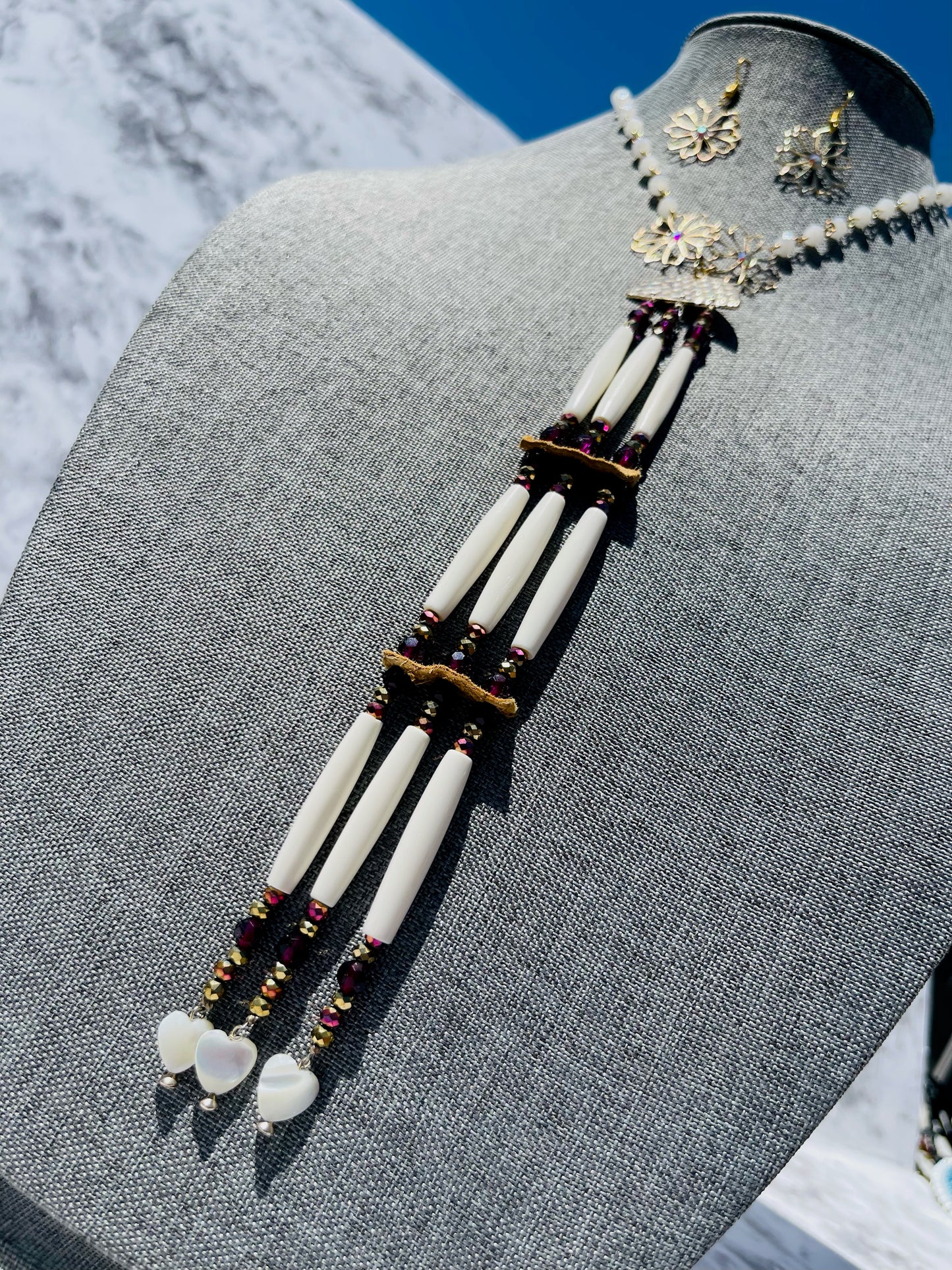 Royal Purple and Gold White Bone Hairpipes Choker and Earring Set