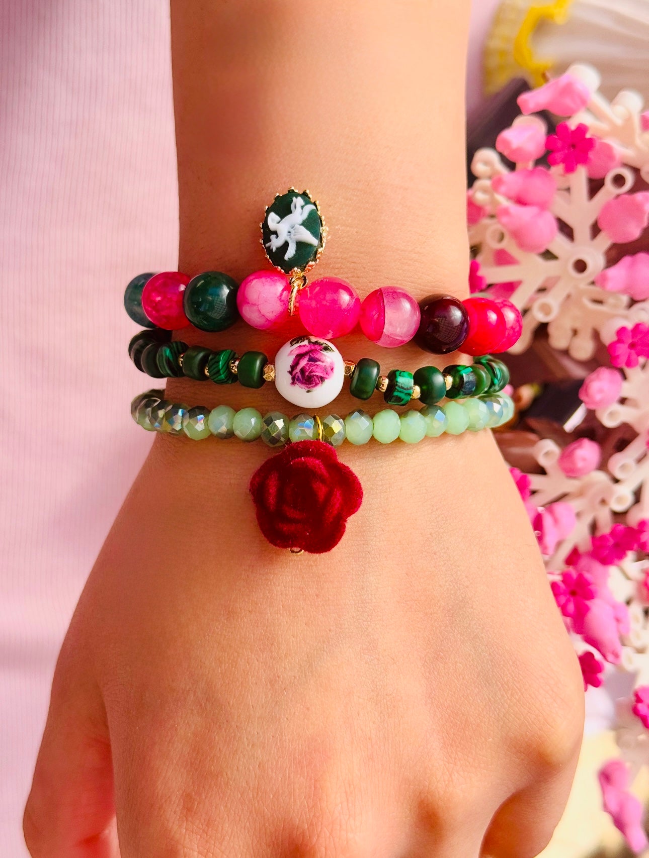 Romantic and Beautiful Dyed Agate with Reconstituted Malachite Bracelets