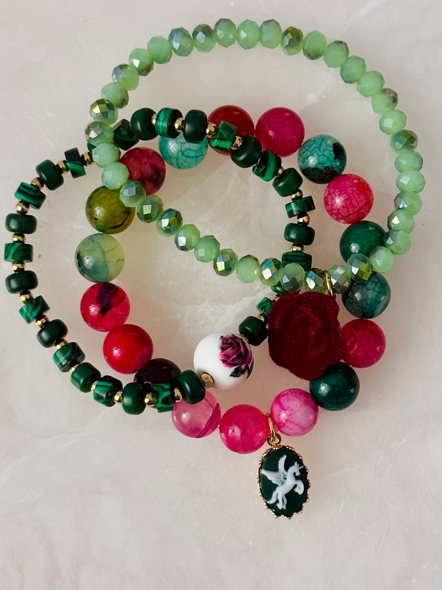 Romantic and Beautiful Dyed Agate with Reconstituted Malachite Bracelets