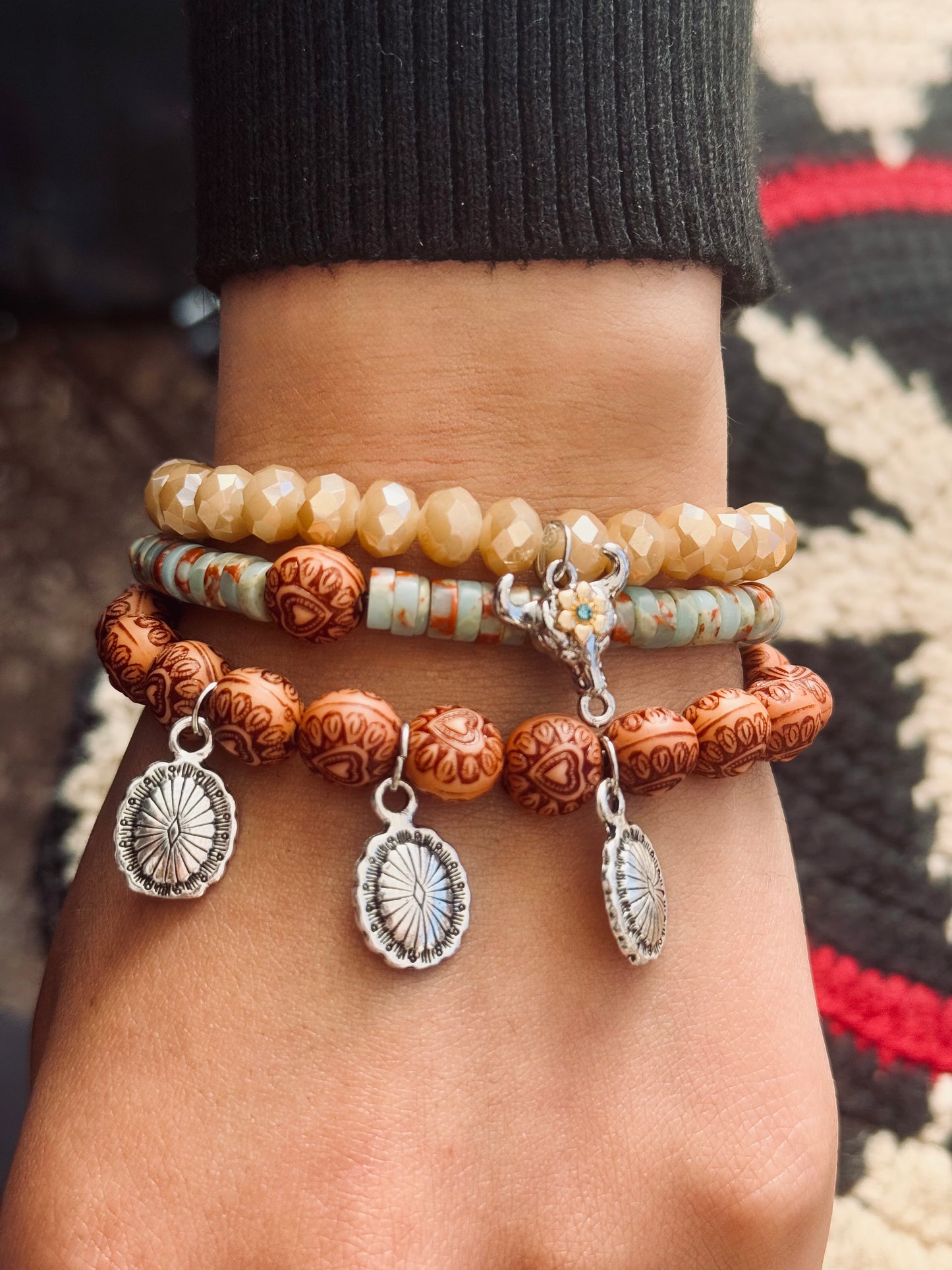 Beautiful Serpentine stones with Wood beads, cute mini Concho Charms and Cow charm