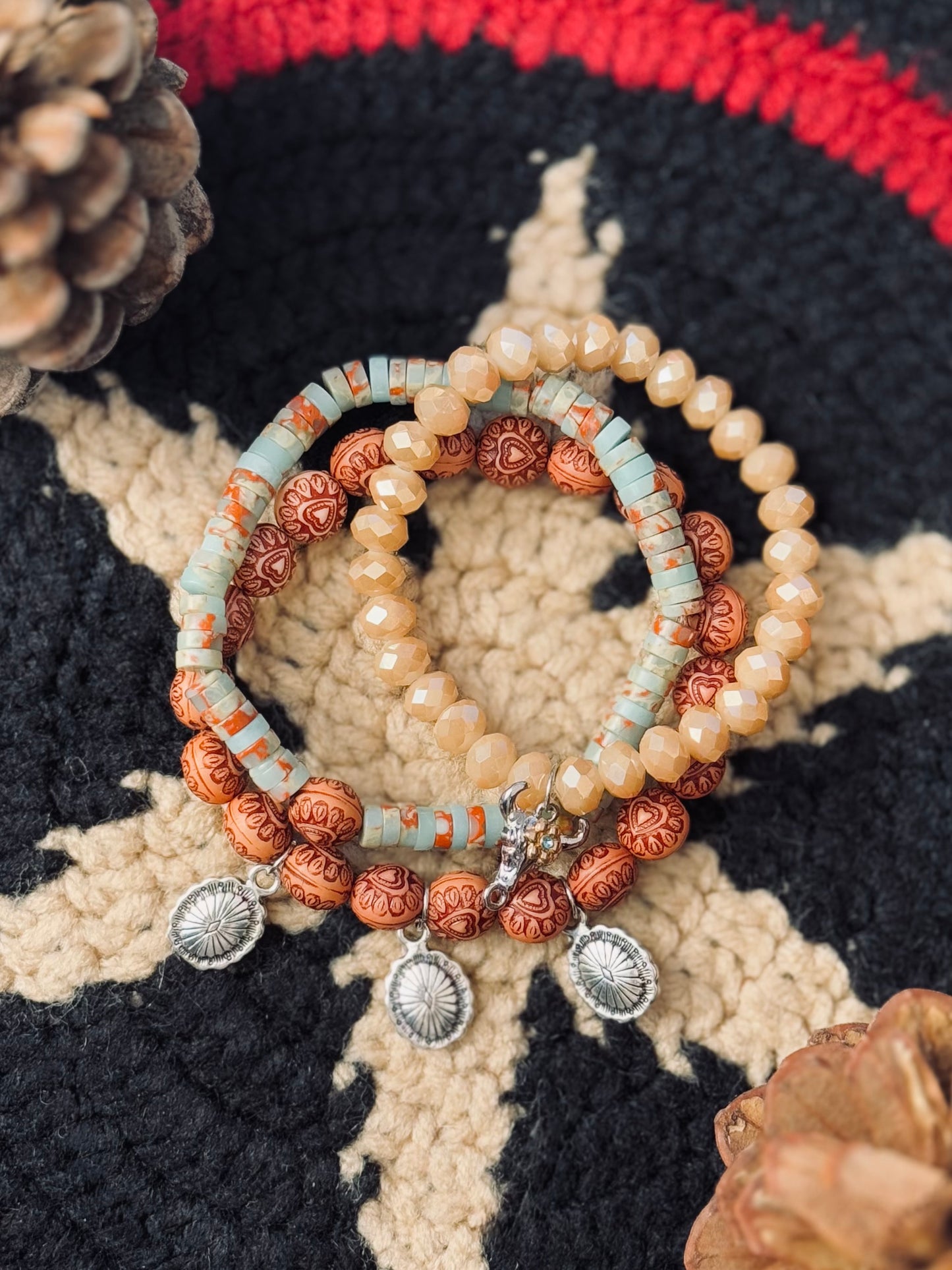 Beautiful Serpentine stones with Wood beads, cute mini Concho Charms and Cow charm
