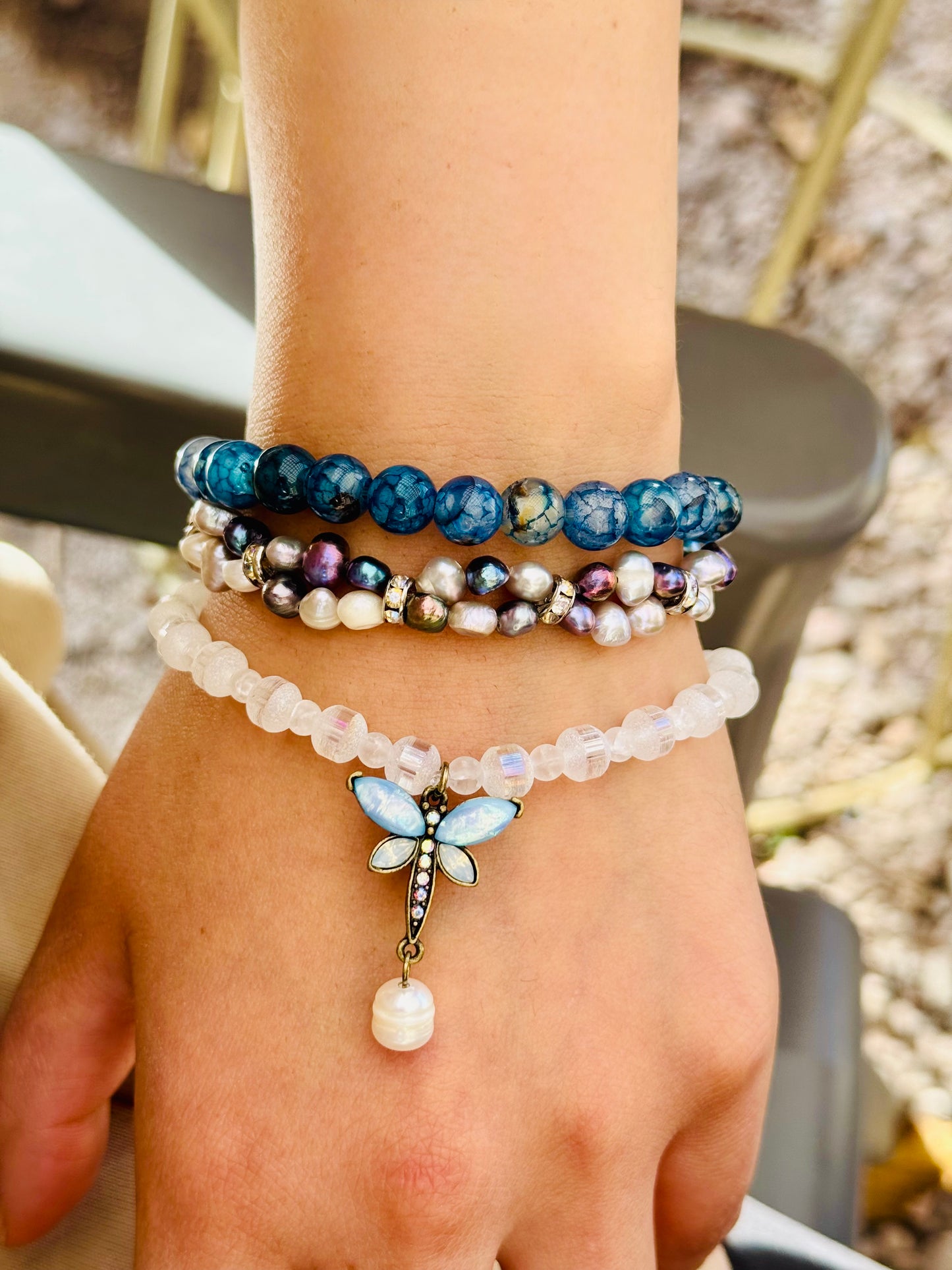 7.5" Beautiful Blue Agate and Quartz Stretchable Bracelets with Pearls and Dragonfly Charm