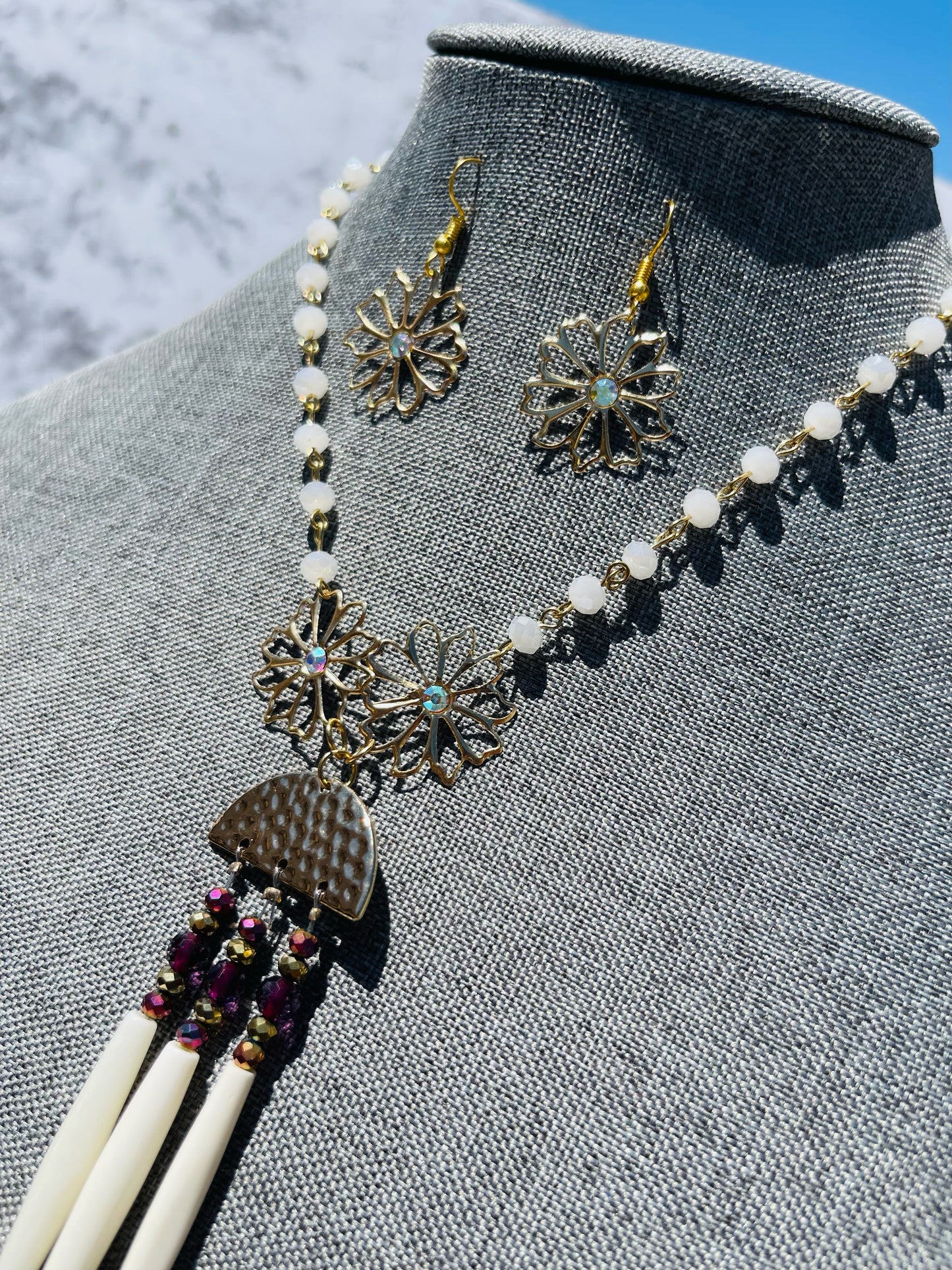 Royal Purple and Gold White Bone Hairpipes Choker and Earring Set
