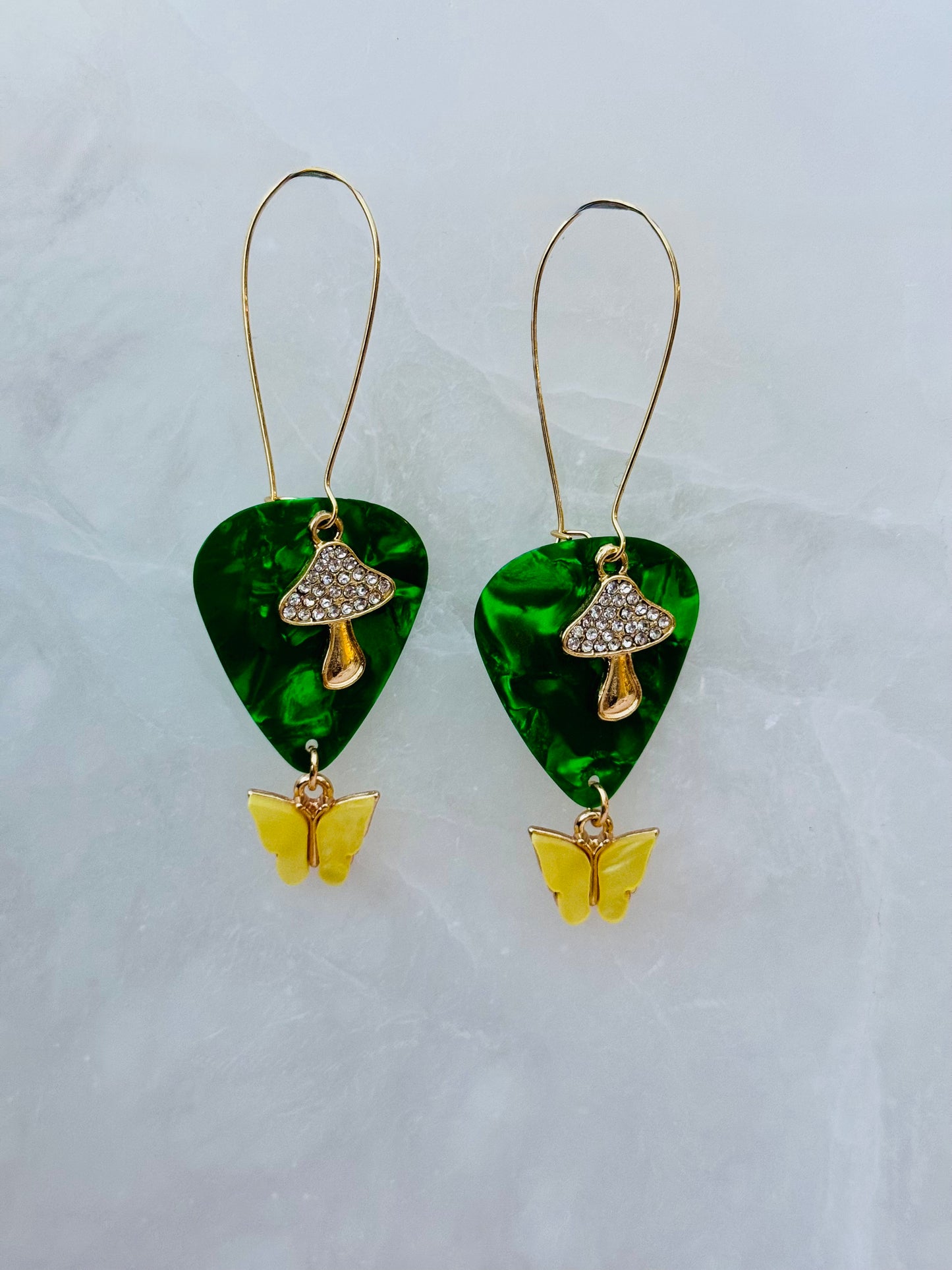 Far Out Guitar Pick with Mushy and Butterfly Dangle Earrings