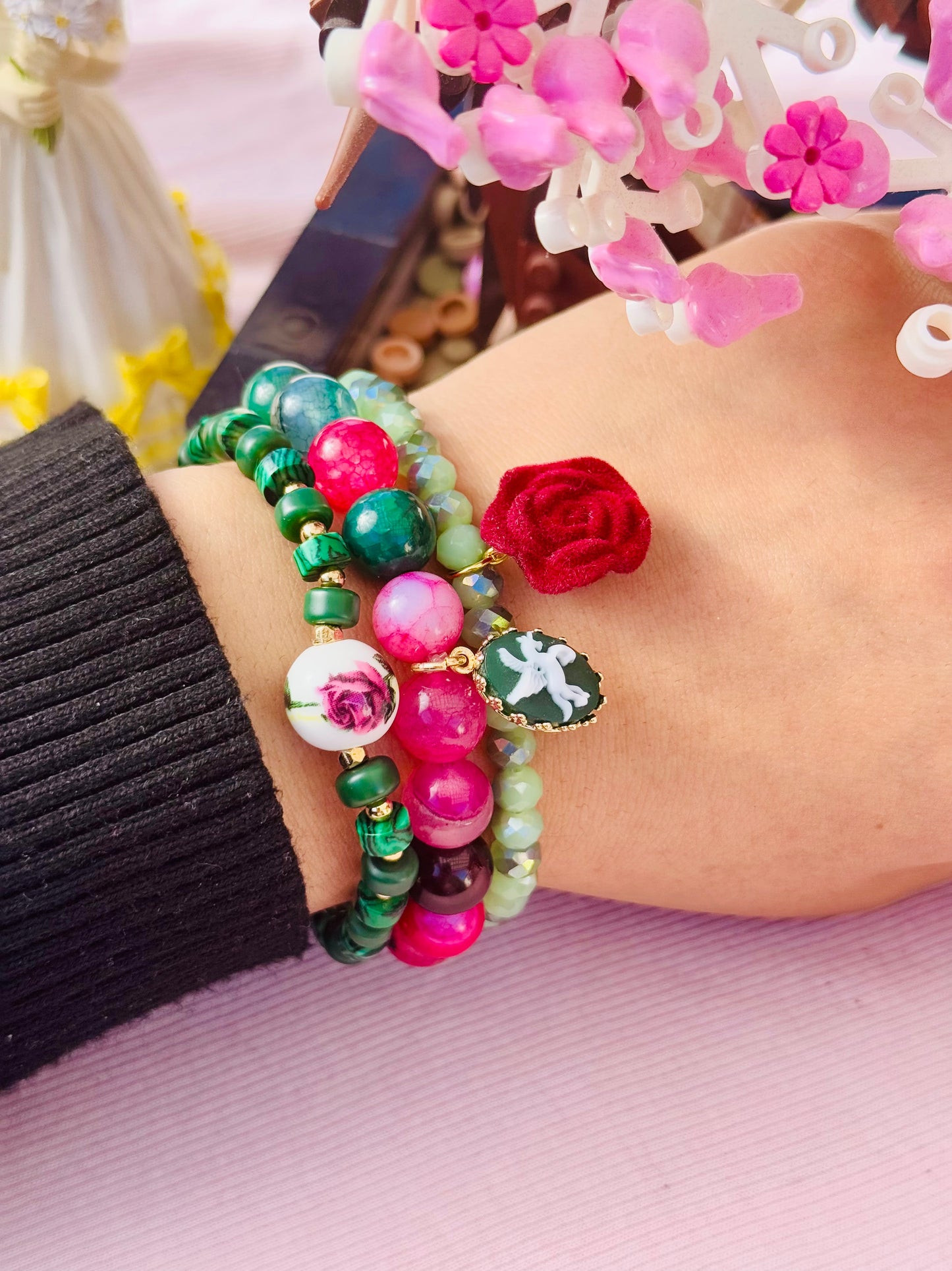 Romantic and Beautiful Dyed Agate with Reconstituted Malachite Bracelets