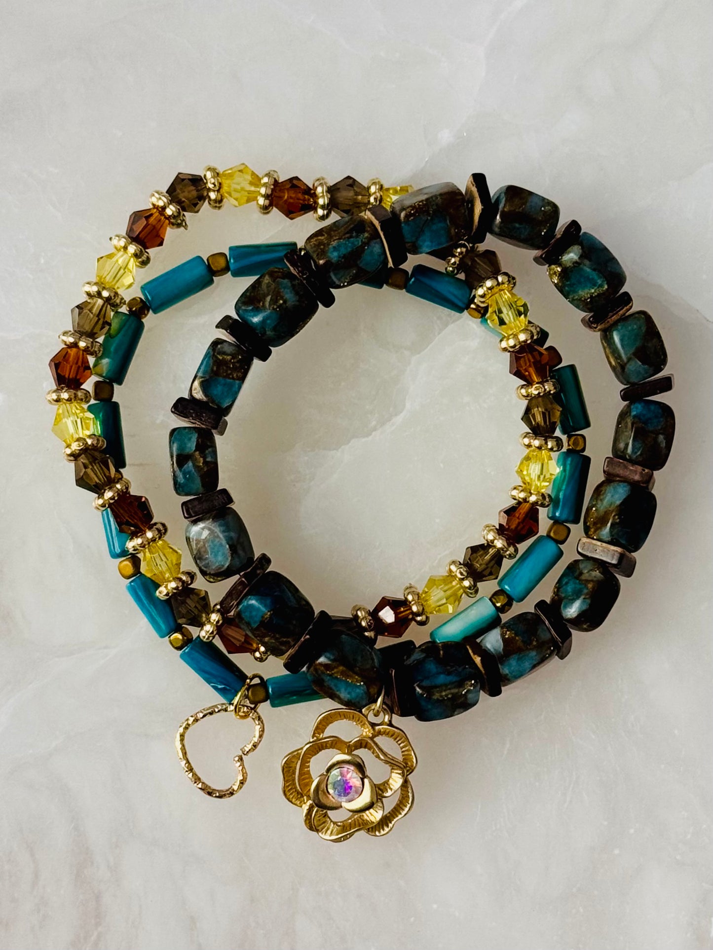 Beautiful Impression Jasper Stone beads with Shell beads and Charming Gold Rose Charm