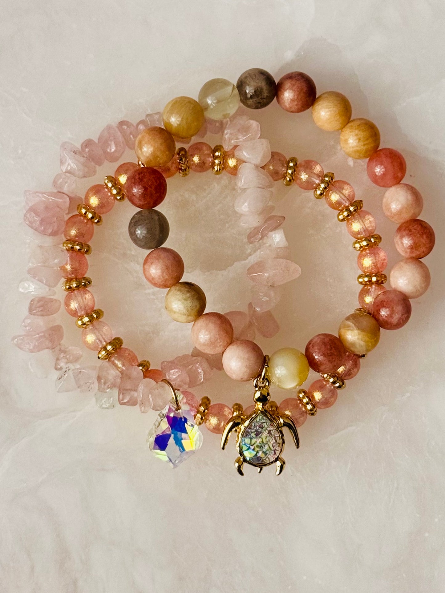 Sweet Peach and Pink Sunstone with Rose Quartz chips and Cute Turtle Charm