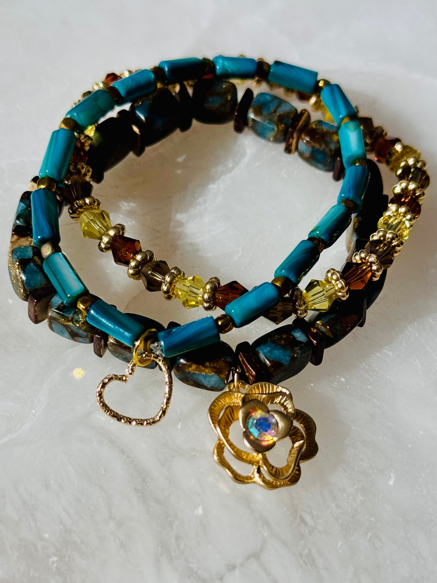 Beautiful Impression Jasper Stone beads with Shell beads and Charming Gold Rose Charm