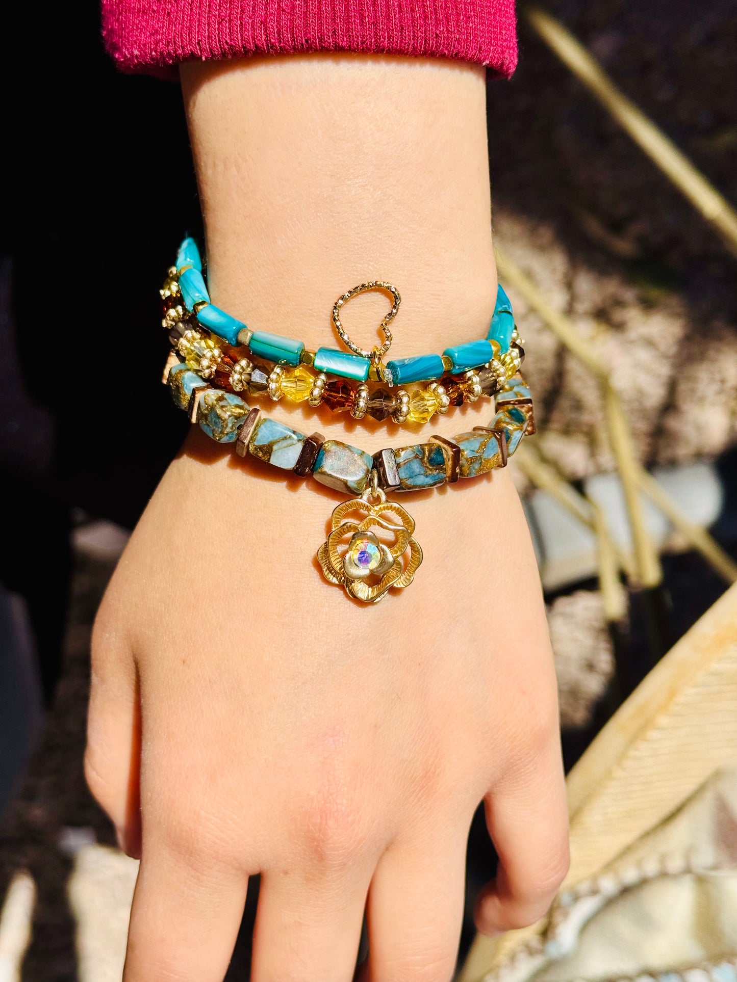 Beautiful Impression Jasper Stone beads with Shell beads and Charming Gold Rose Charm