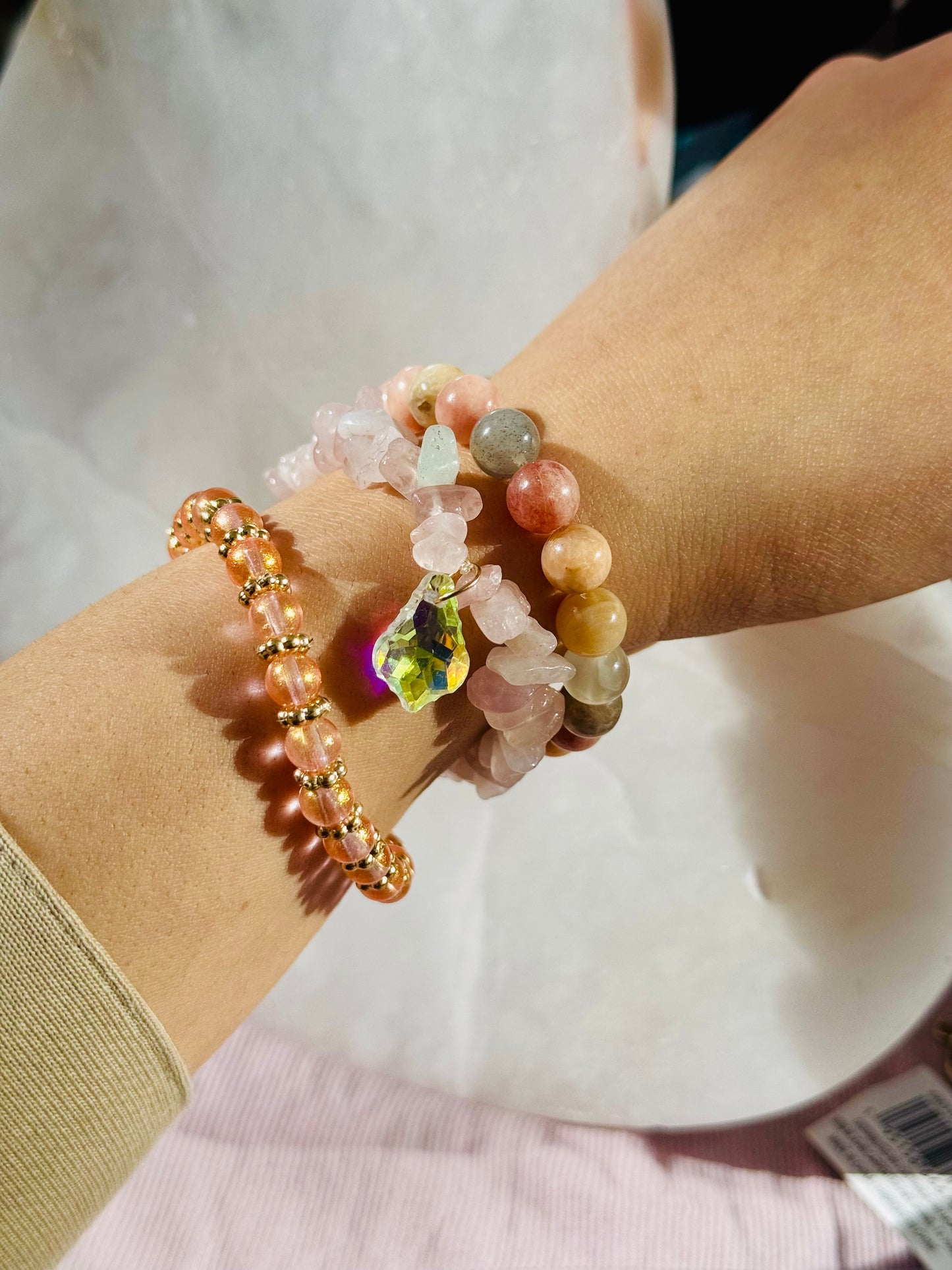 Sweet Peach and Pink Sunstone with Rose Quartz chips and Cute Turtle Charm