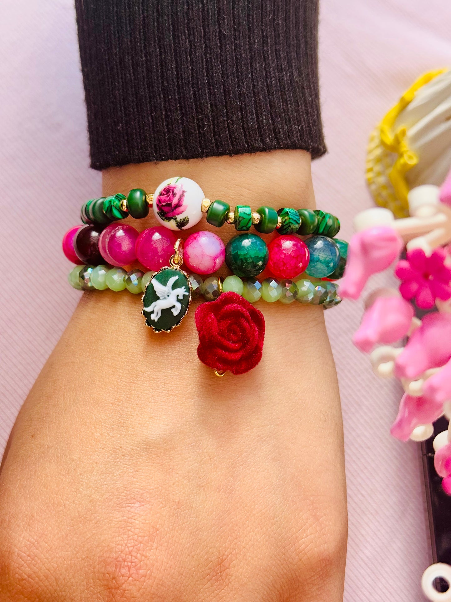 Romantic and Beautiful Dyed Agate with Reconstituted Malachite Bracelets