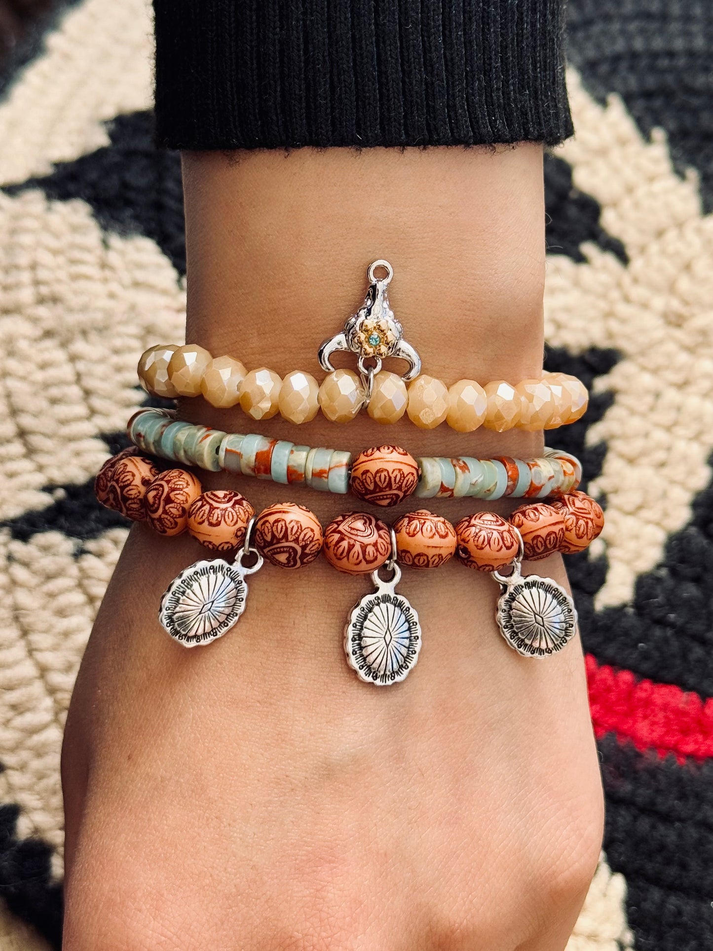 Beautiful Serpentine stones with Wood beads, cute mini Concho Charms and Cow charm