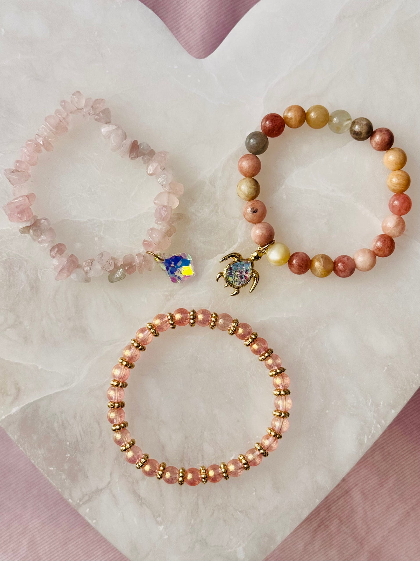 Sweet Peach and Pink Sunstone with Rose Quartz chips and Cute Turtle Charm