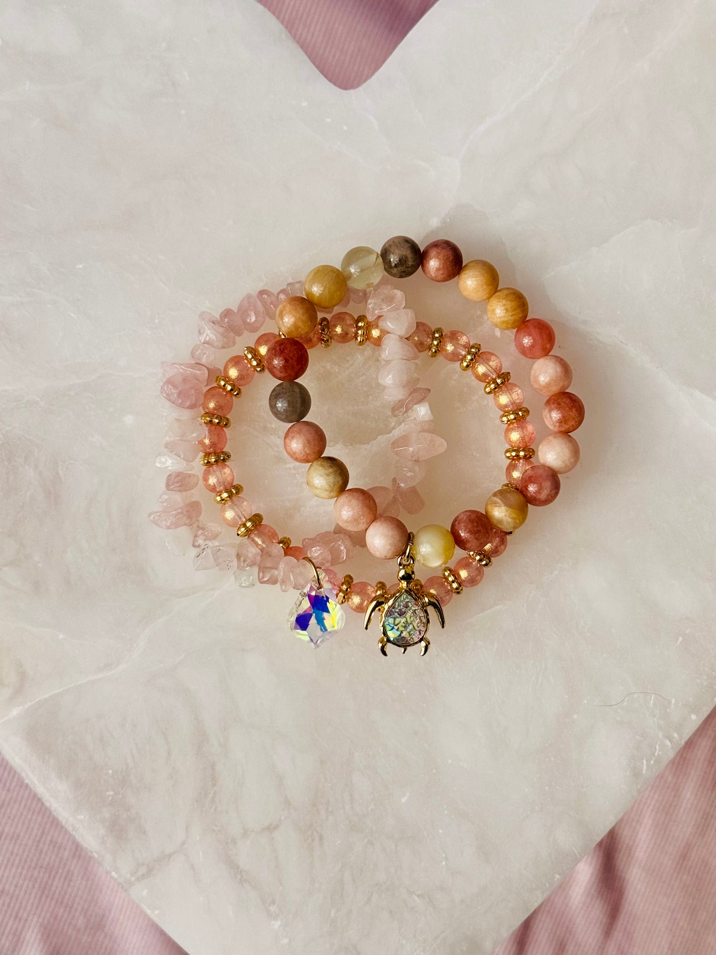 Sweet Peach and Pink Sunstone with Rose Quartz chips and Cute Turtle Charm