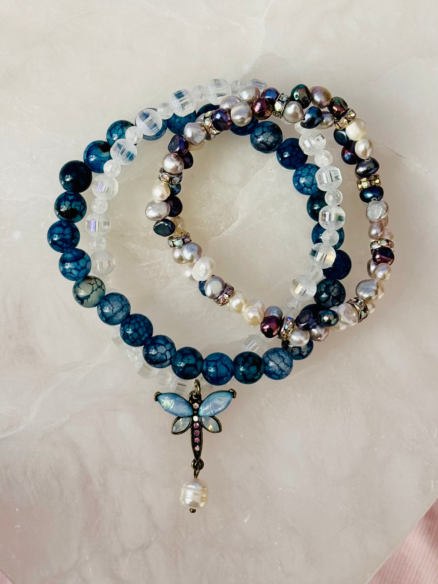 7.5" Beautiful Blue Agate and Quartz Stretchable Bracelets with Pearls and Dragonfly Charm
