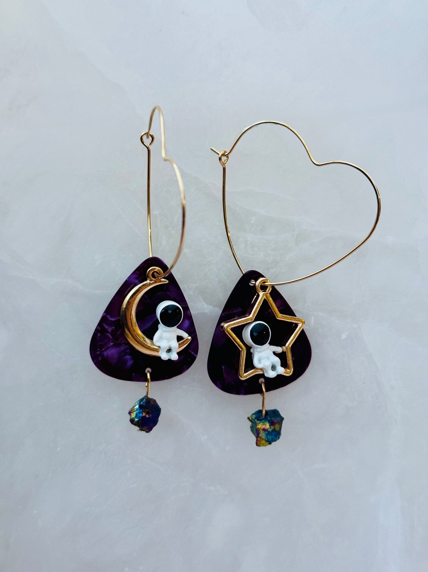 Space Cadet with Purple Guitar Picks and Rainbow Pyrite Heart Dangle Earrings