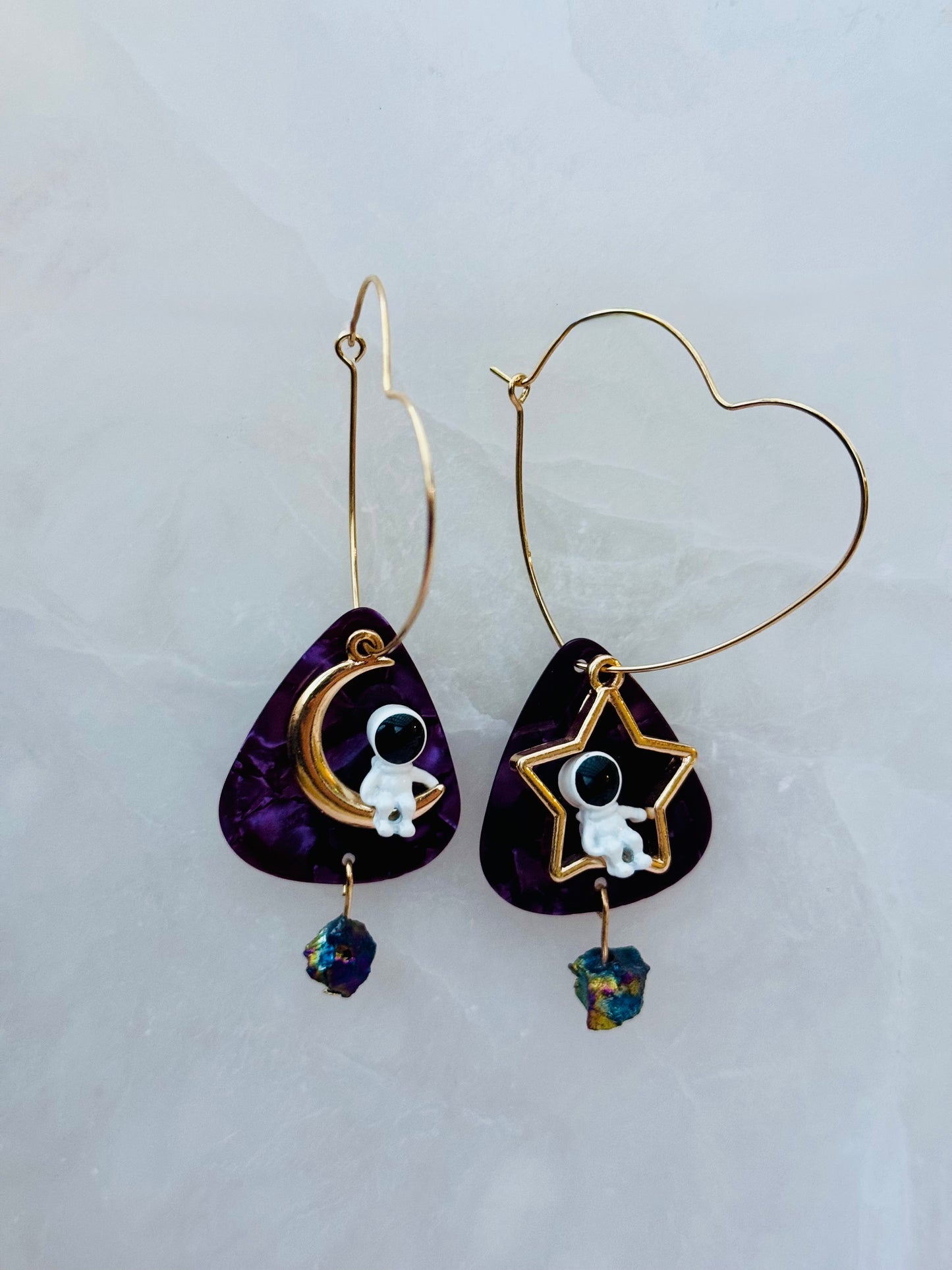 Space Cadet with Purple Guitar Picks and Rainbow Pyrite Heart Dangle Earrings