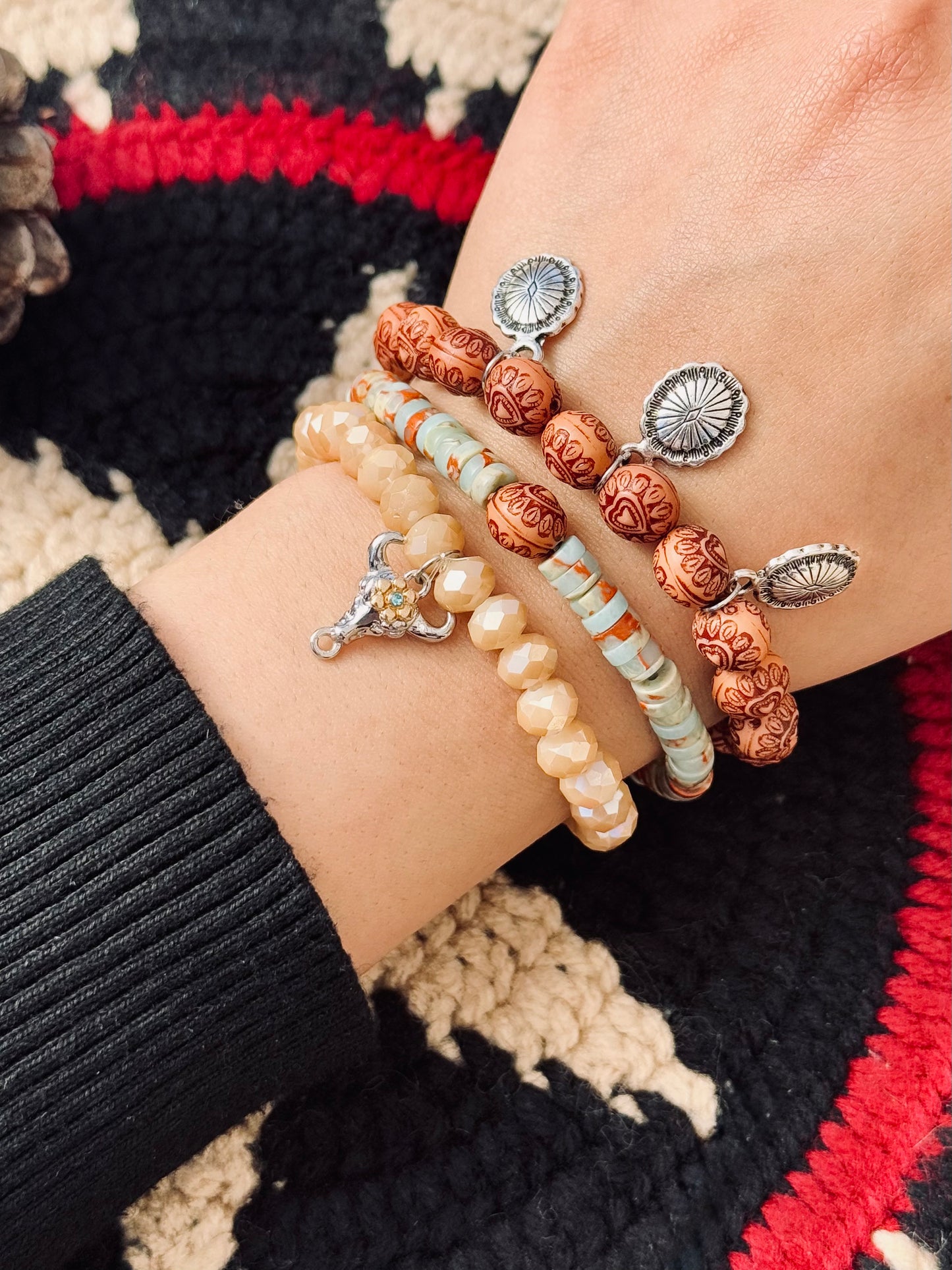 Beautiful Serpentine stones with Wood beads, cute mini Concho Charms and Cow charm