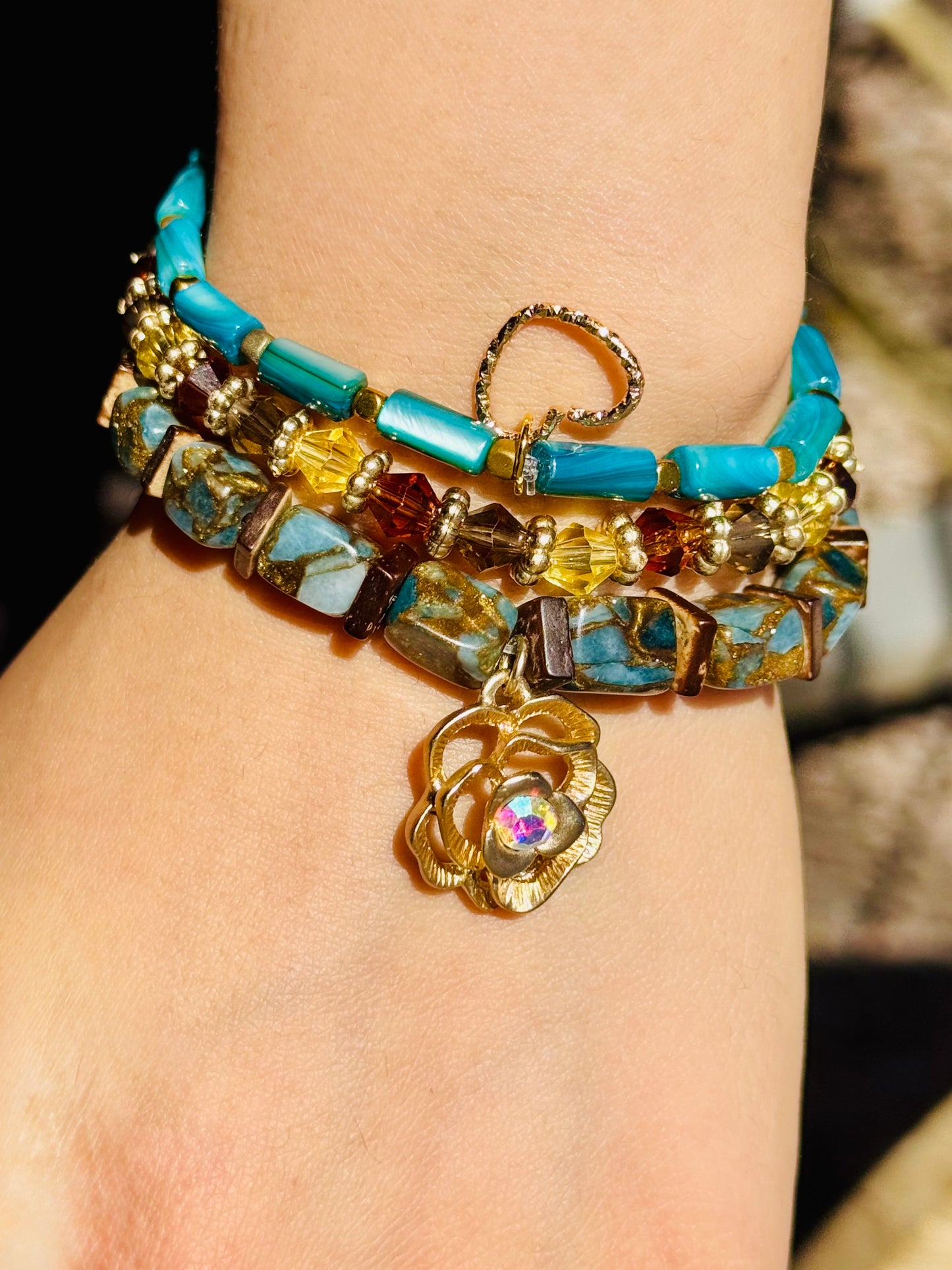 Beautiful Impression Jasper Stone beads with Shell beads and Charming Gold Rose Charm