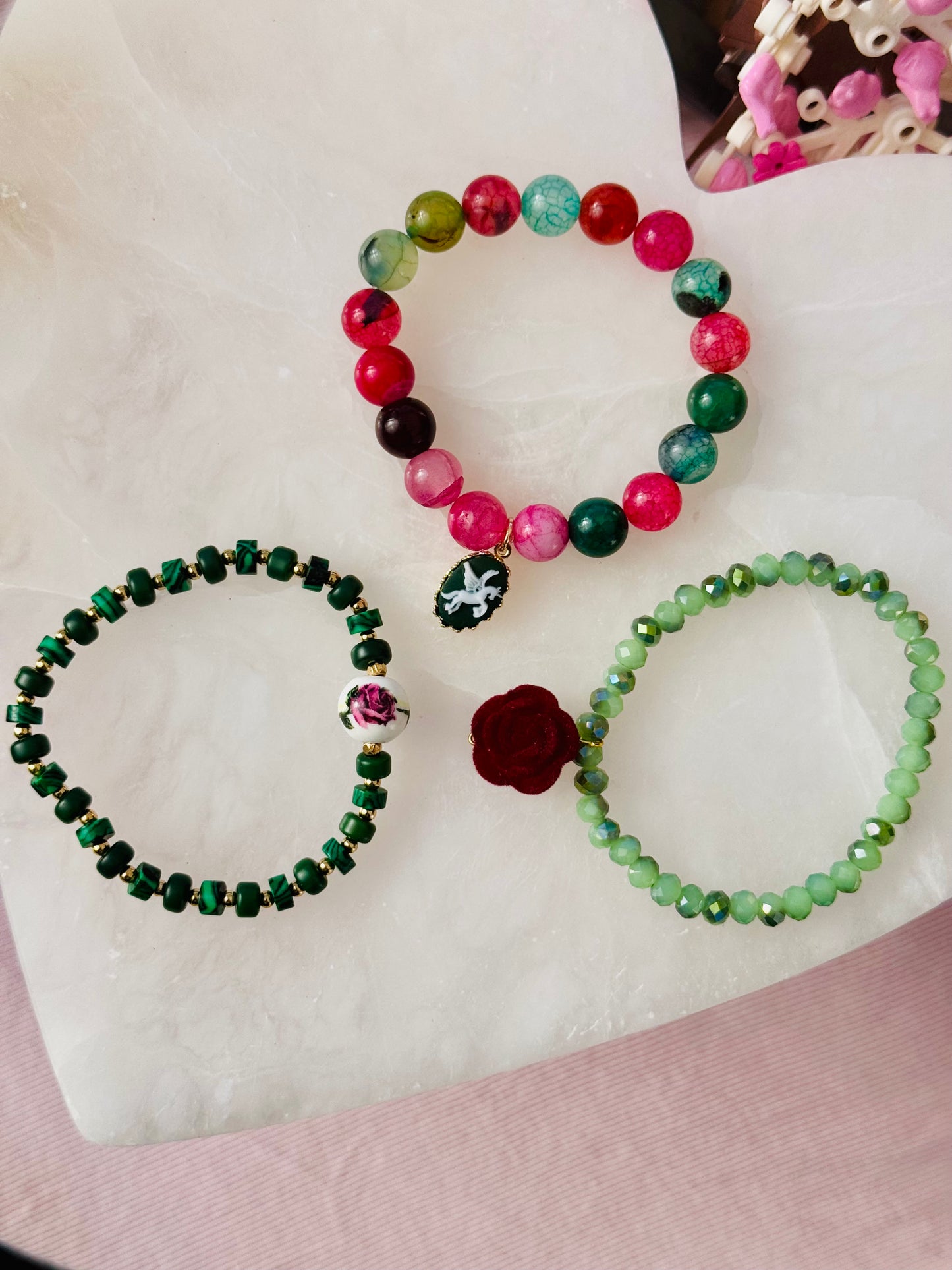 Romantic and Beautiful Dyed Agate with Reconstituted Malachite Bracelets