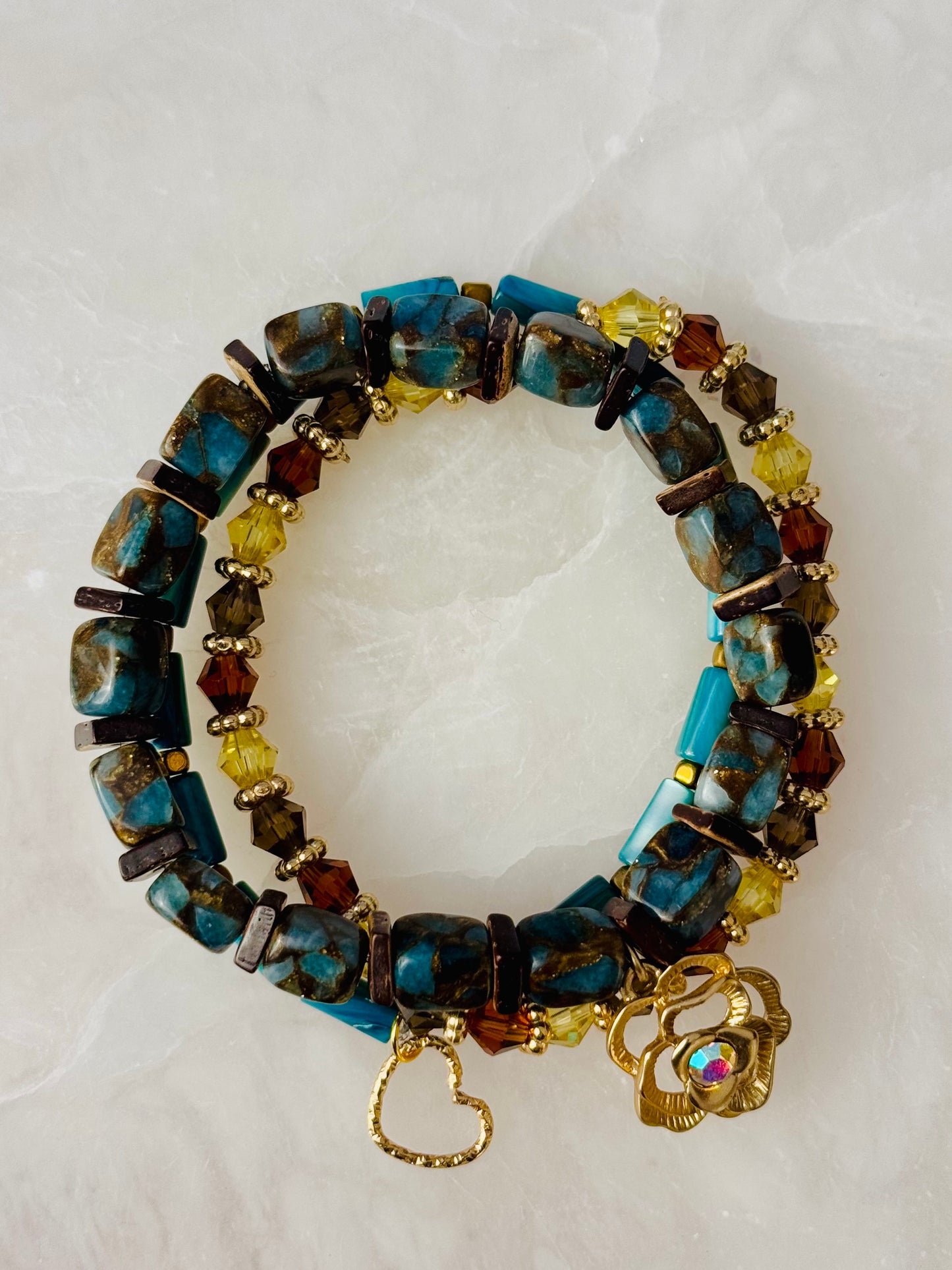 Beautiful Impression Jasper Stone beads with Shell beads and Charming Gold Rose Charm
