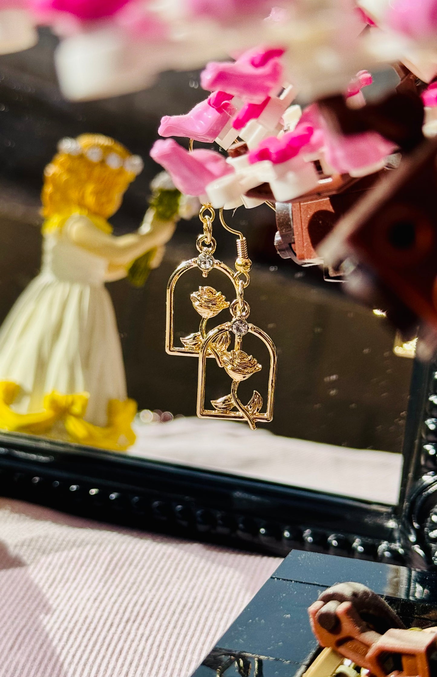 Cute and Dainty Gold Rose Dangle Earrings