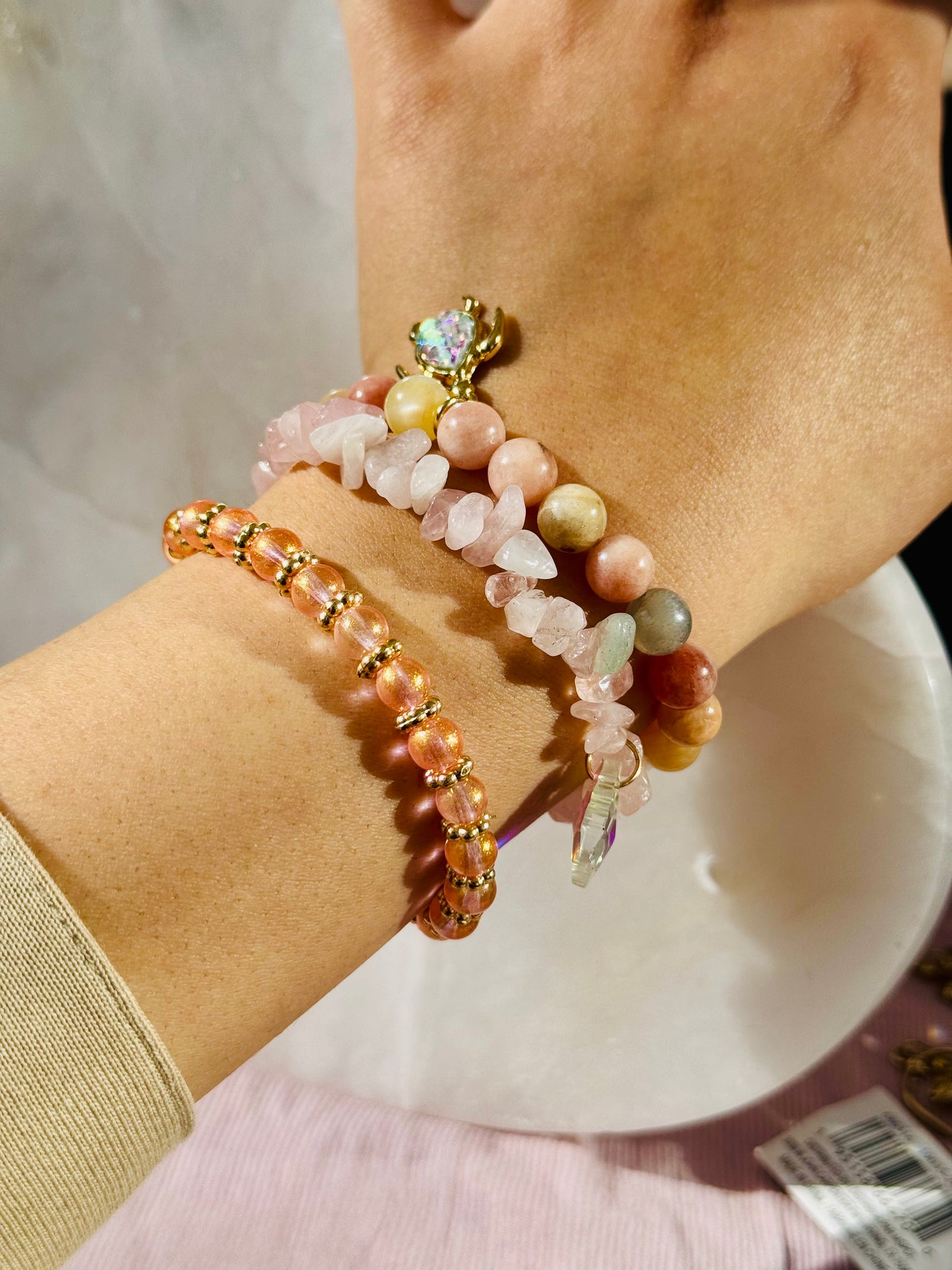Sweet Peach and Pink Sunstone with Rose Quartz chips and Cute Turtle Charm