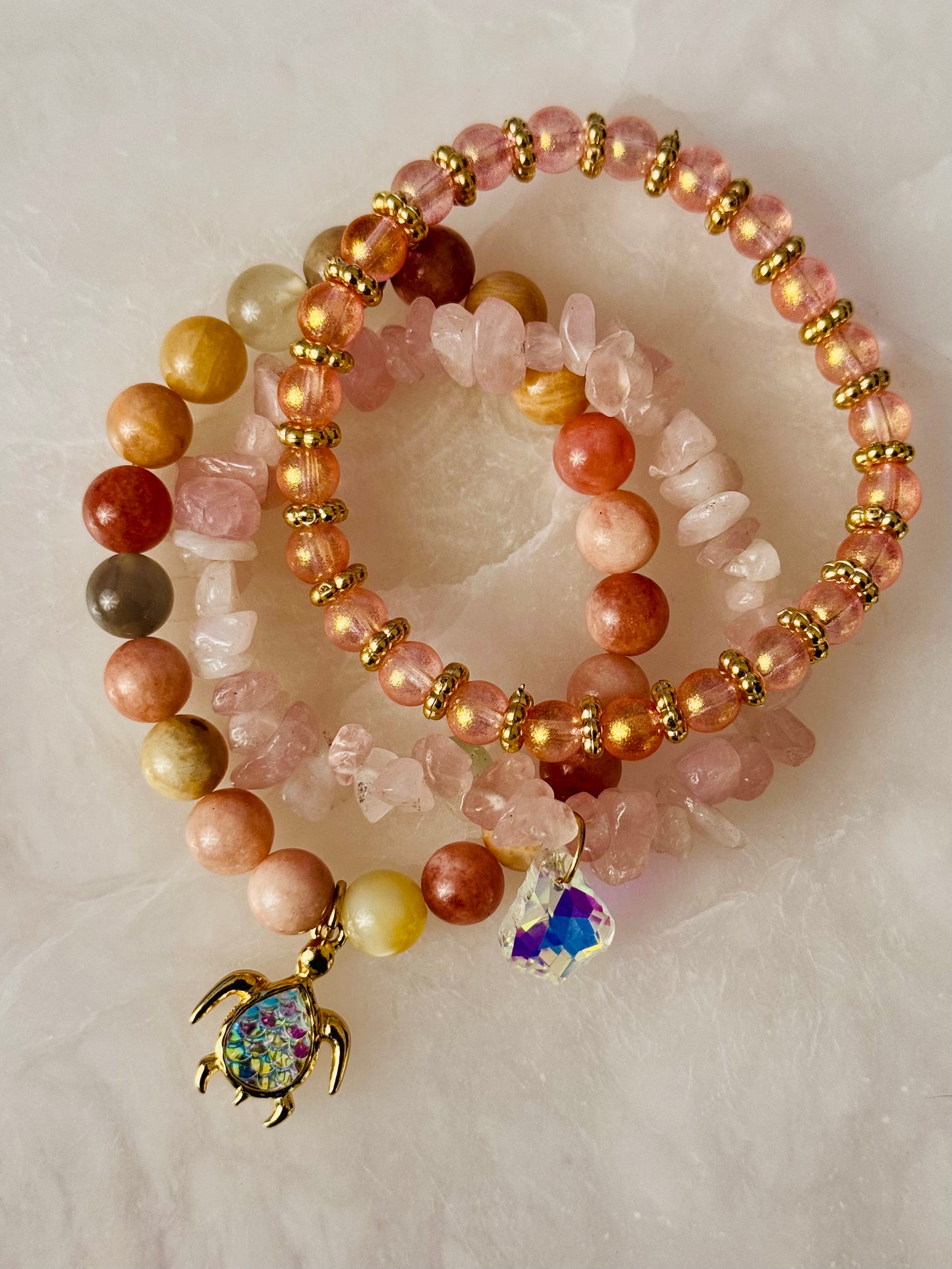Sweet Peach and Pink Sunstone with Rose Quartz chips and Cute Turtle Charm
