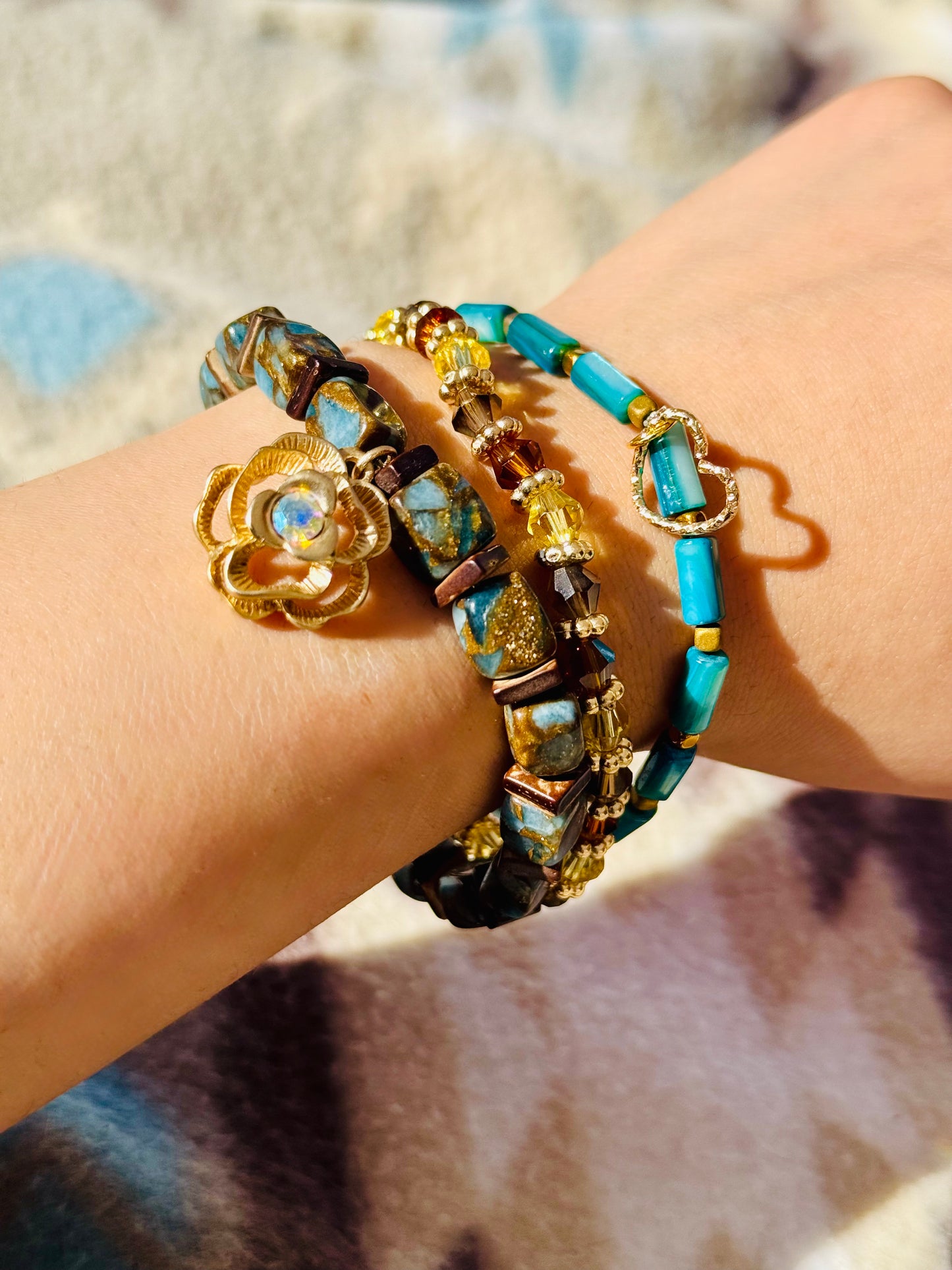 Beautiful Impression Jasper Stone beads with Shell beads and Charming Gold Rose Charm