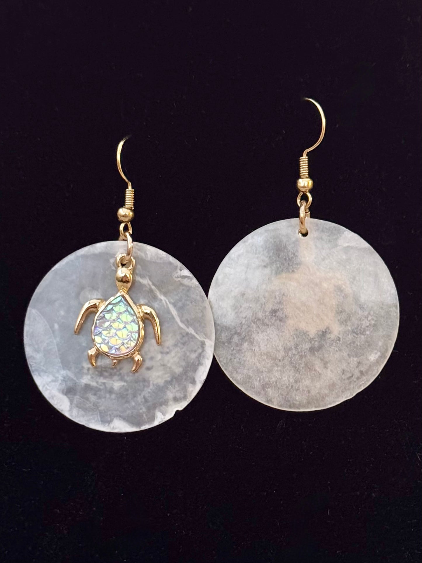 Pretty Shell Hook Earrings with Iridescent and Gold Turtle Charm