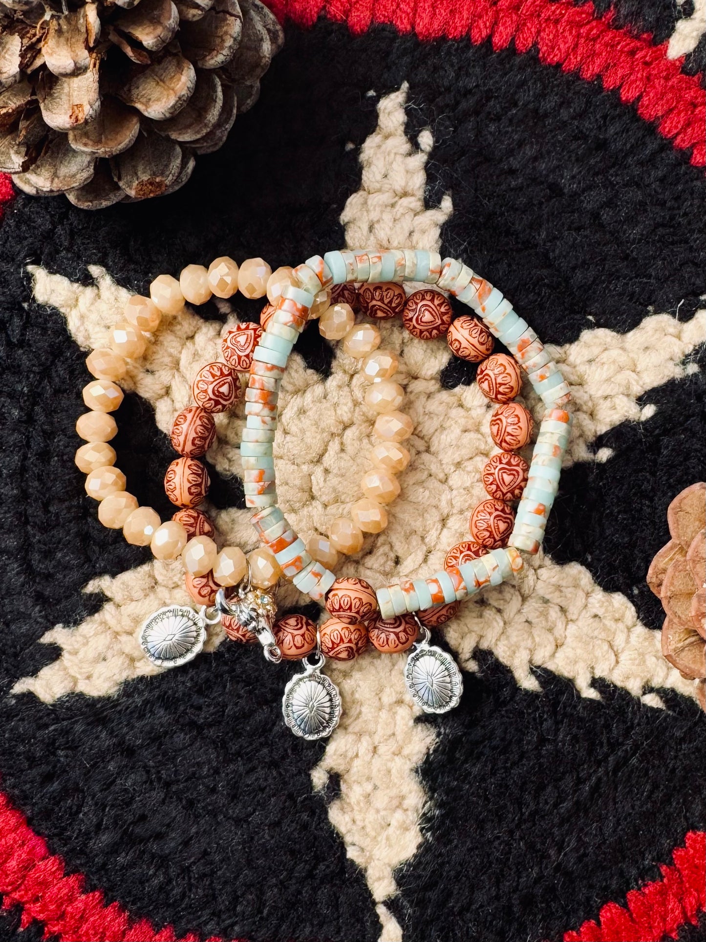 Beautiful Serpentine stones with Wood beads, cute mini Concho Charms and Cow charm