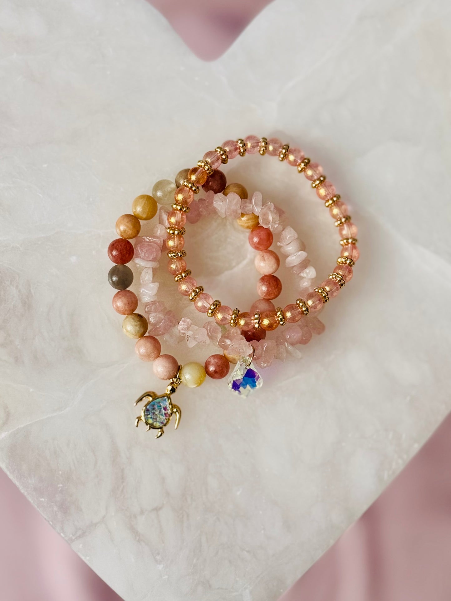 Sweet Peach and Pink Sunstone with Rose Quartz chips and Cute Turtle Charm